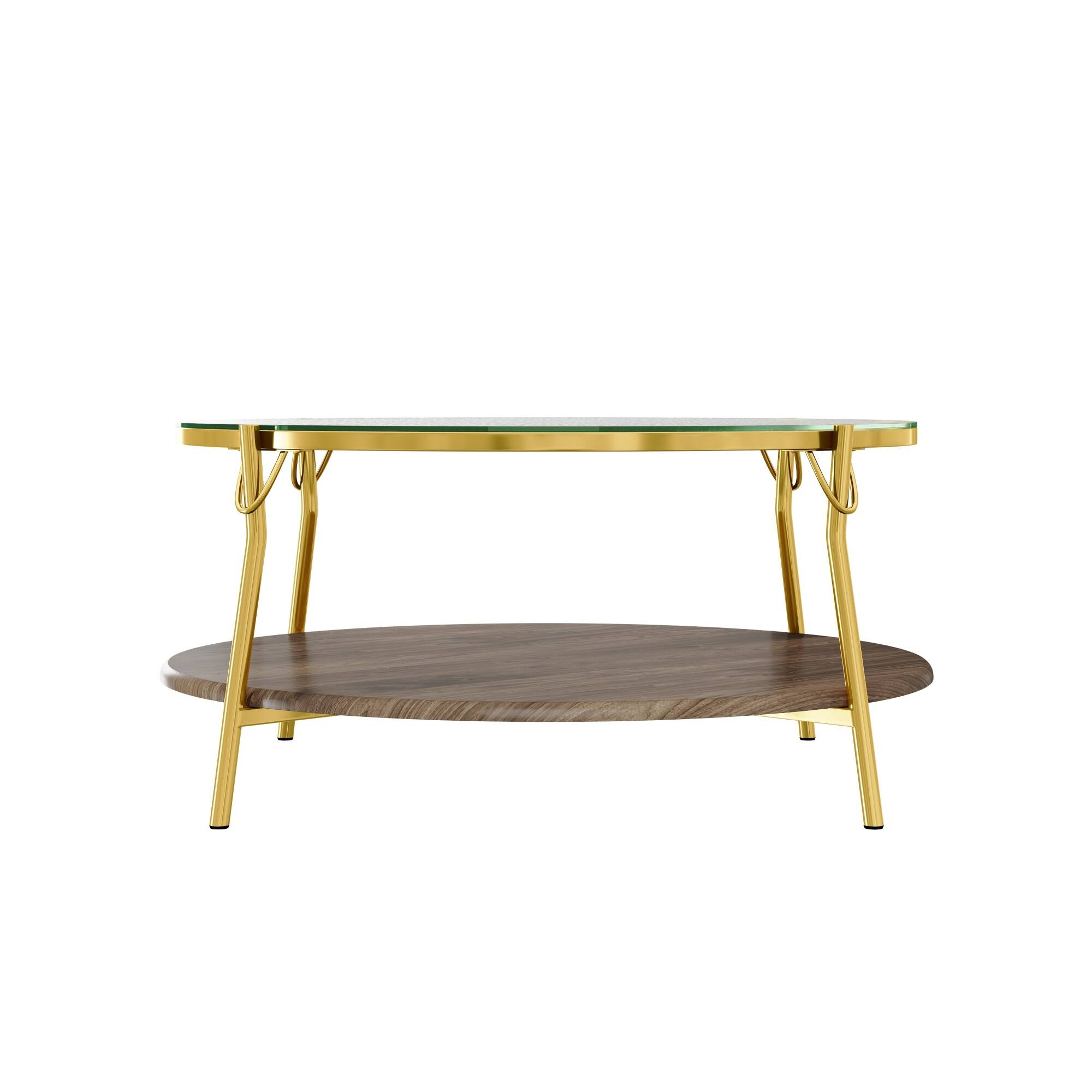 Alt View 8. GOODSILO - Modern Round Two-Tier Coffee Table with Tempered Glass Top and Elegant Metal Base - Gold+Glass,Walnut.