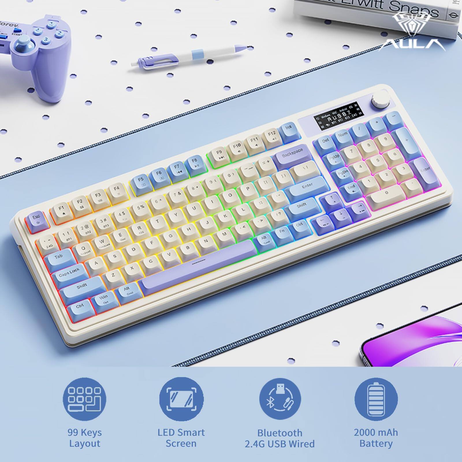 Sure, here is the corrected and grouped text:

**Product Name:**
- Swift Snaps ULA

**Features:**
- 99 Keys Layout
- LED Smart Screen
- Bluetooth 2.4G USB Wired
- 2000 mAh Battery

**Additional Information:**
- RUB7
- AULA

**Text on the Keyboard:**
- ESC
- F1 F2 F3 F4 F5 F6 F7 F8 F9 F10 F11 F12
- 1 2 3 4 5 6 7 8 9 0 -
- Q W E R T Y U I O P
- A S D F G H J K L ;
- Z X C V B N M , . /
- Tab Caps Lock Shift Win Ctrl Alt
- Backspace Del Enter
- Num Lock / - * 7 8 9 + 4 5 6 1 2 3 0
- Shift
- Space

**Text on the Image:**
- orev C. E
- 14
- ana E Os a
- W
- F 24
- a f V
-