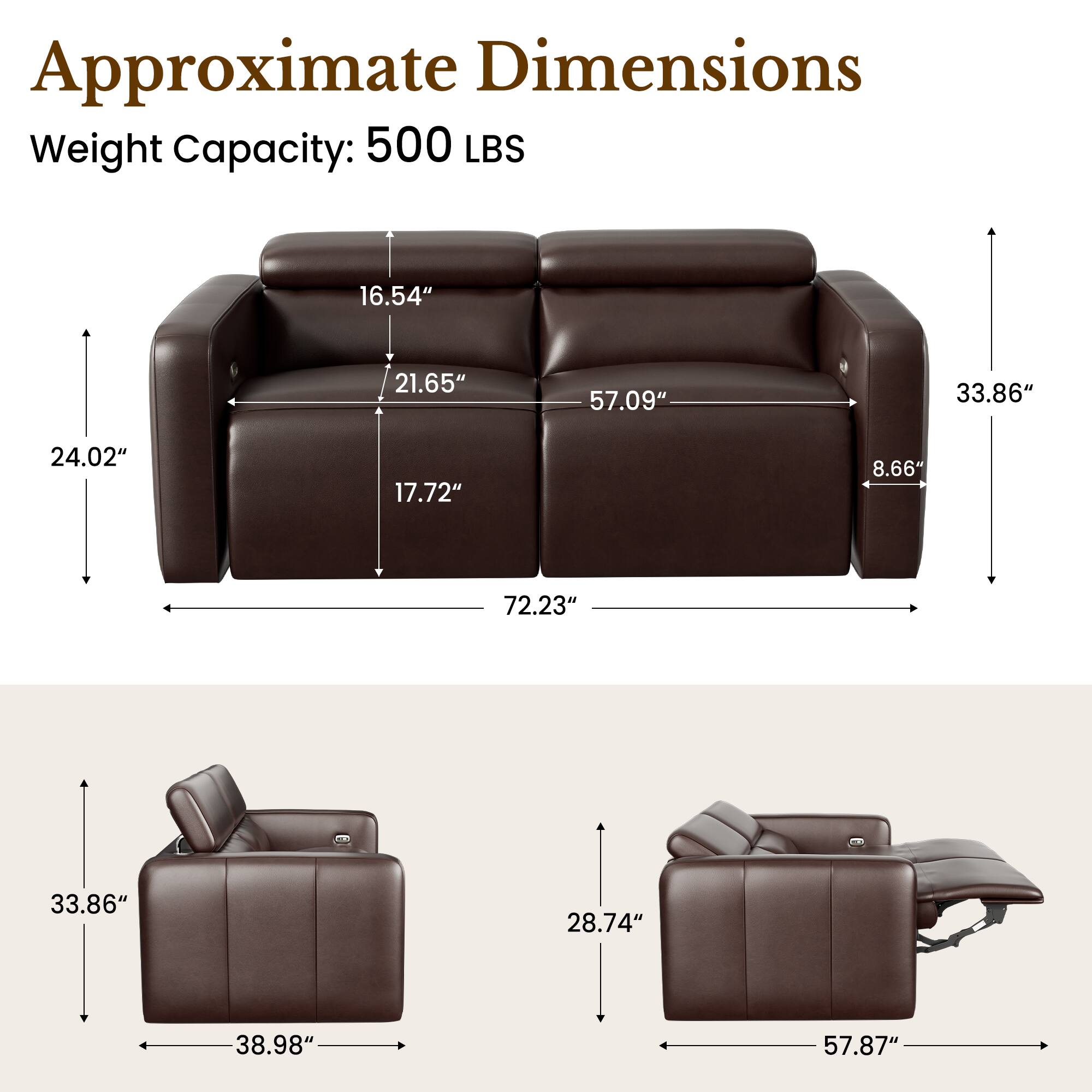 Approximate Dimensions  
Weight Capacity: 500 LBS

16.54"  
21.65"  
57.09"  
33.86"  
24.02"  
17.72"  
8.66"  
72.23"  
33.86"  
28.74"  
38.98"  
57.87"