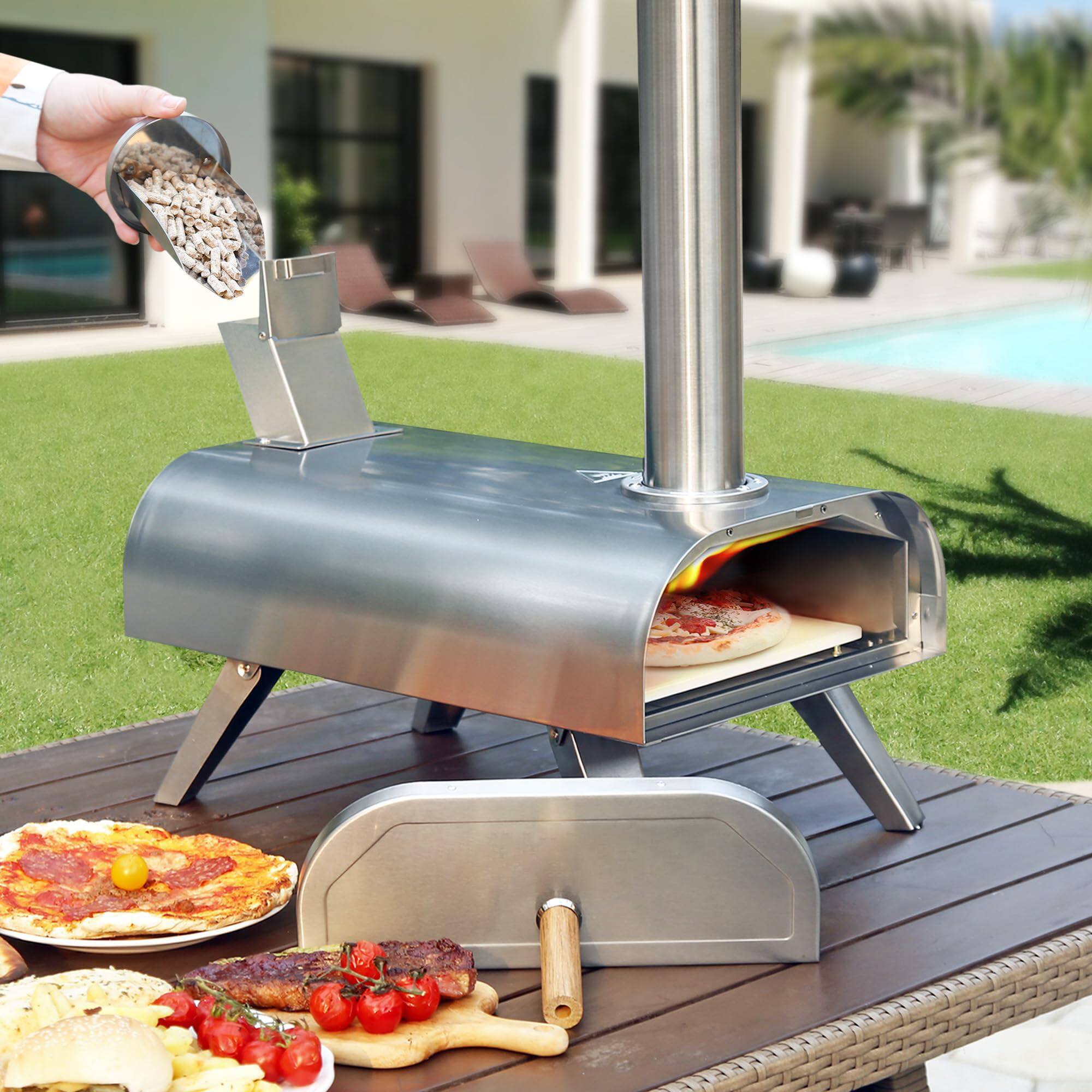 Back. GlowWise - 12" Wood Pellet Pizza Oven | Portable Stainless Steel Pizza Grill | Outdoor & Party Use | Fast Heating | Silver Finish - silver.