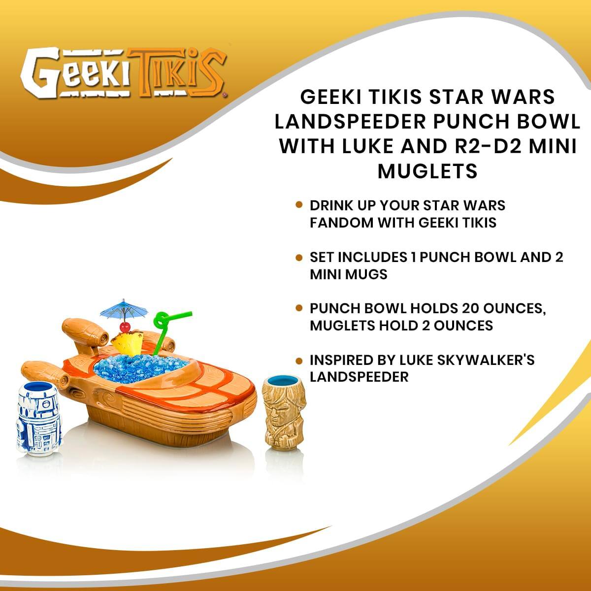 Geeki Tikis Star Wars Landspeeder Punch Bowl with Luke and R2-D2 Mini Muglets

- Drink up your Star Wars fandom with Geeki Tikis
- Set includes 1 punch bowl and 2 mini mugs
- Punch bowl holds 20 ounces, muglets hold 2 ounces
- Inspired by Luke Skywalker's landspeeder