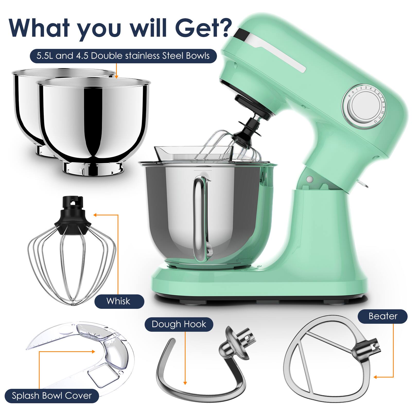 What you will Get?  
5.5L and 4.5 Double stainless Steel Bowls  
- DONEWDA  
- Whisk  
- Dough Hook  
- Beater  
- Splash Bowl Cover