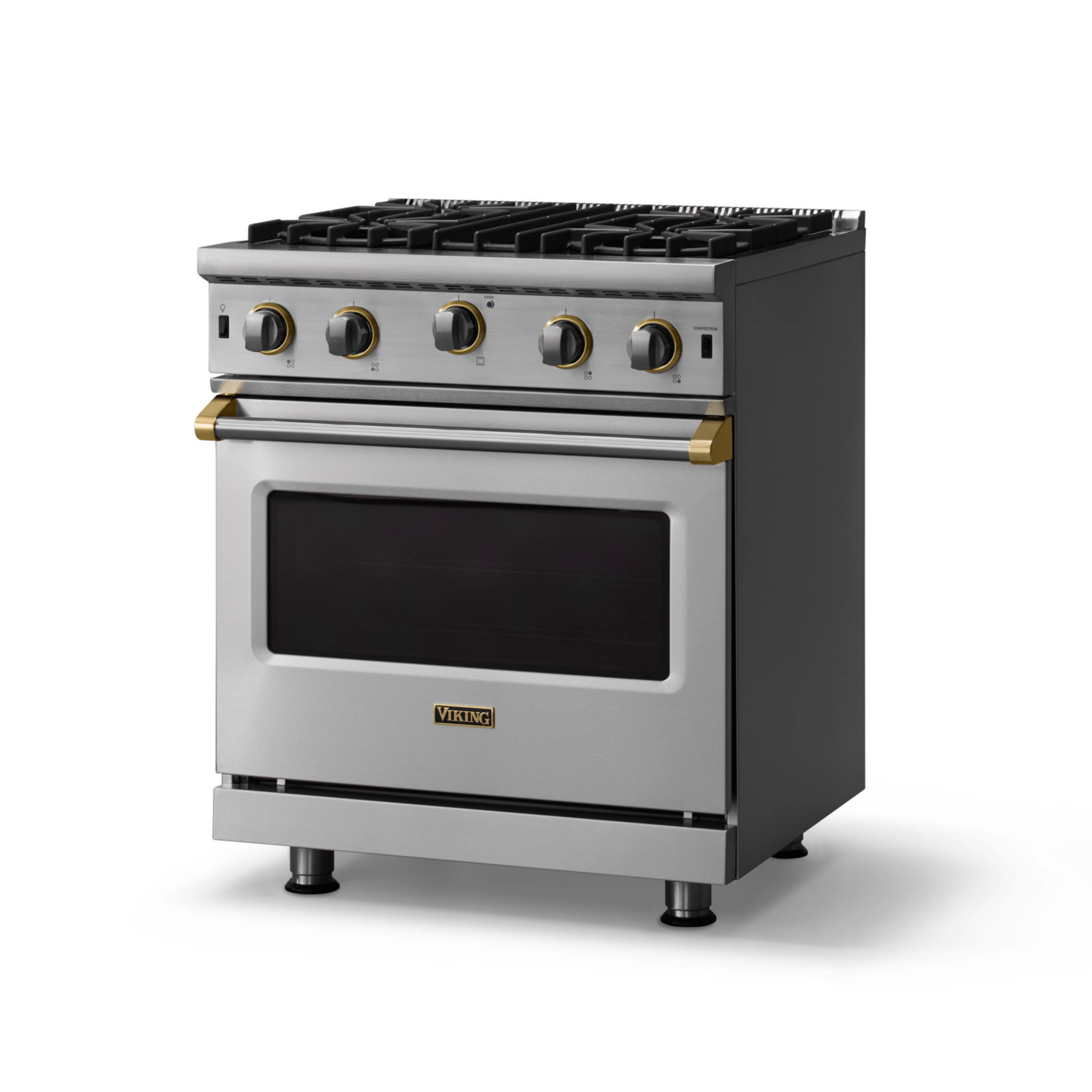 Angle. Viking - 30"W. 4.0 Cu. Ft. Freestanding Self-Clean Open Burner Gas Convection Range - Stainless Steel w. Brushed Brass Trim - Stainless steel.