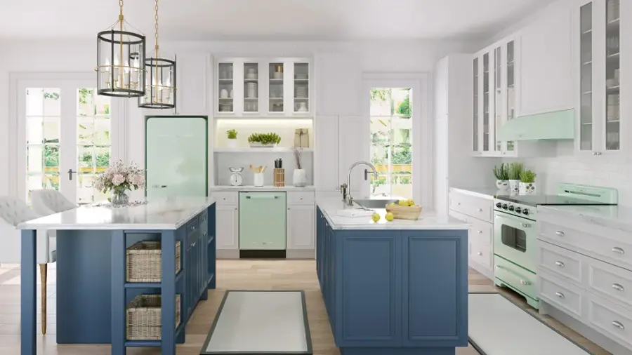 The image shows a kitchen with blue cabinets, a refrigerator, a sink, and a microwave. The kitchen is clean and well-organized, with a variety of items such as a potted plant, a vase, and a bowl. The refrigerator is located on the left side of the kitchen, while the sink and microwave are positioned closer to the center. The potted plant is placed near the right side of the kitchen, and the vase is situated on the left side. The bowl is located near the center of the kitchen, possibly on a countertop or a table.