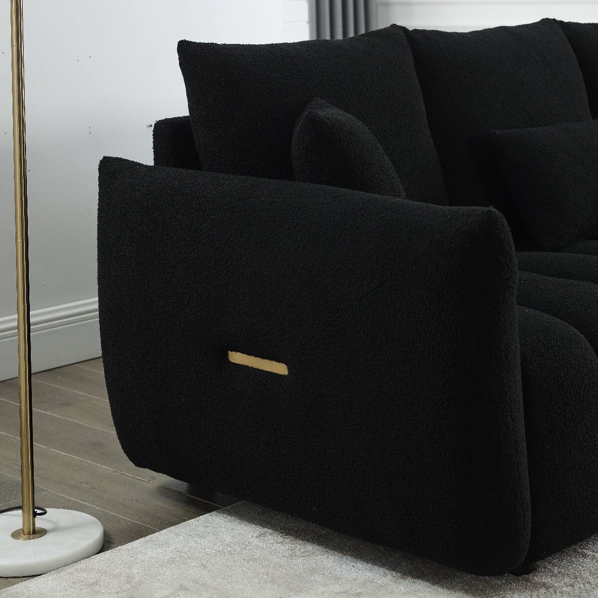 Back. Ropilly - Ropilly Black Upholstered Sofa, 3 Seater Teddy Fabric Sofa with Pillows and Solid Wood Frame - Black.