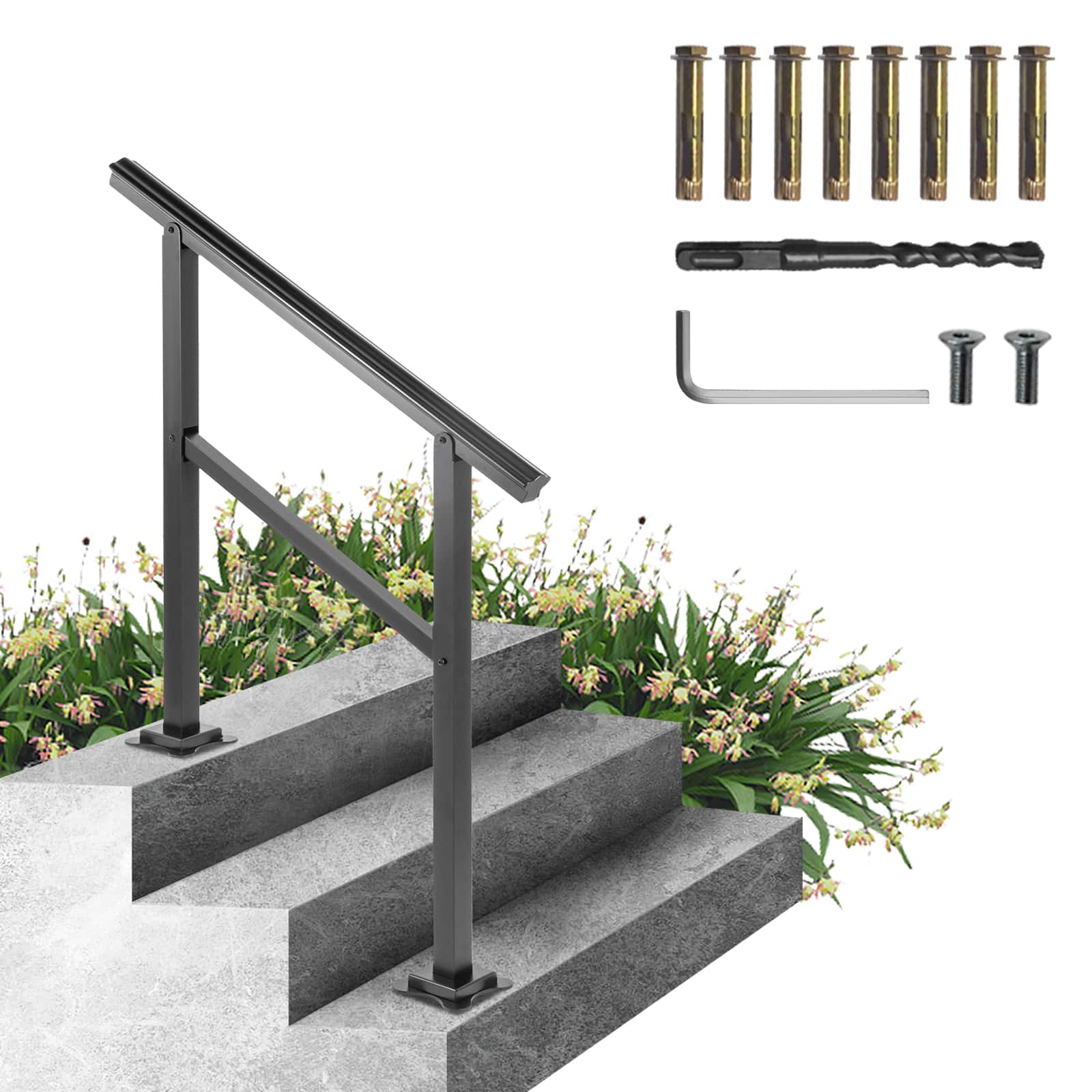 VEVOR - Outdoor Handrail 165LBS Load Handrail Outdoor Stairs Aluminum Stair Handrail 36 x 35" Outdoor Stair Railing - Black