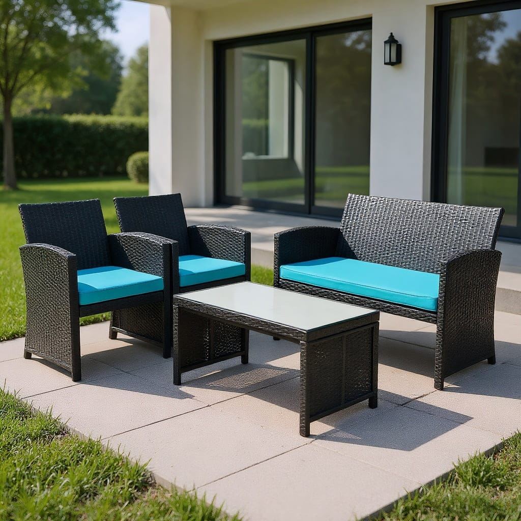 Kadyn - 4 Pieces Patio Rattan Furniture Set, Outdoor Patio Furniture Set with Weather Resistant Cushions and Glass Tabletop - Blue