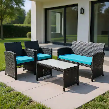 Front. Kadyn - 4 Pieces Patio Rattan Furniture Set, Outdoor Patio Furniture Set with Weather Resistant Cushions and Glass Tabletop - Blue.