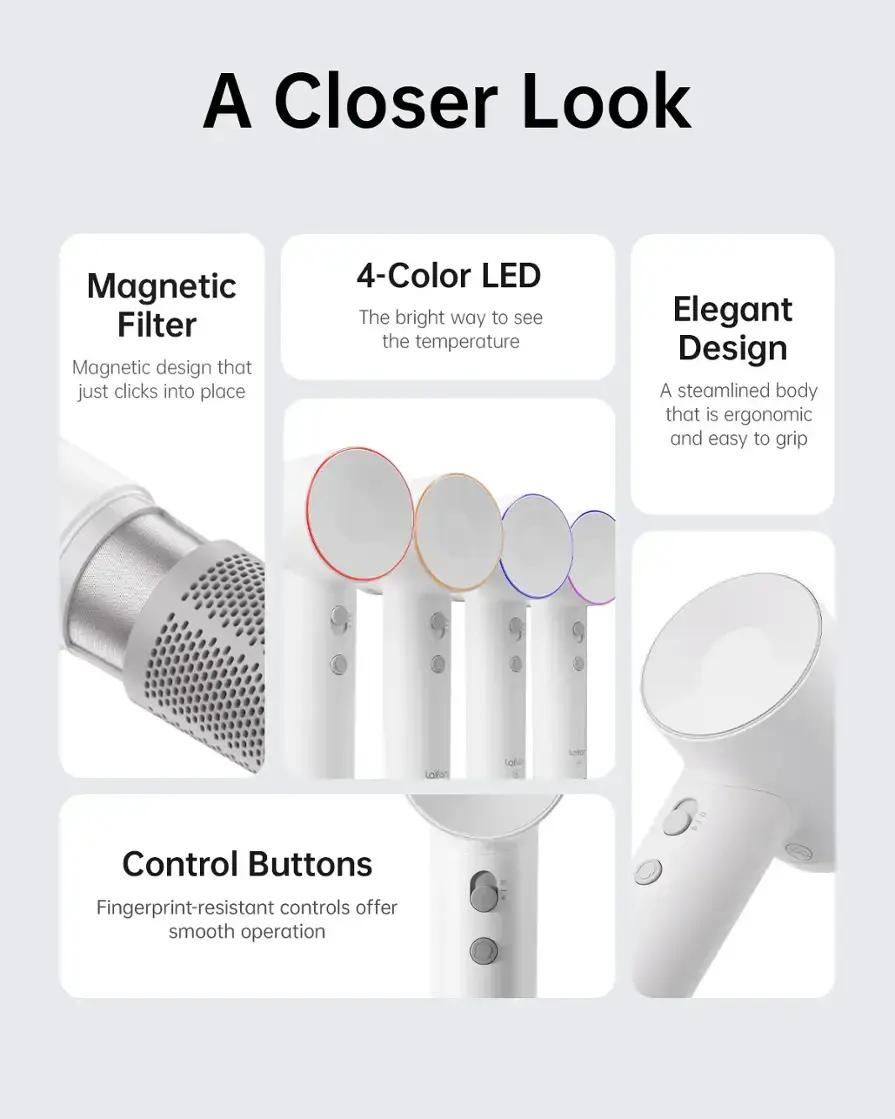 A Closer Look:

1. Magnetic Filter: The magnetic design that just clicks into place.
2. 4-Color LED: The bright way to see the temperature.
3. Elegant Design: A streamlined body that is ergonomic and easy to grip.
4. Control Buttons: Fingerprint-resistant controls offer smooth operation.
