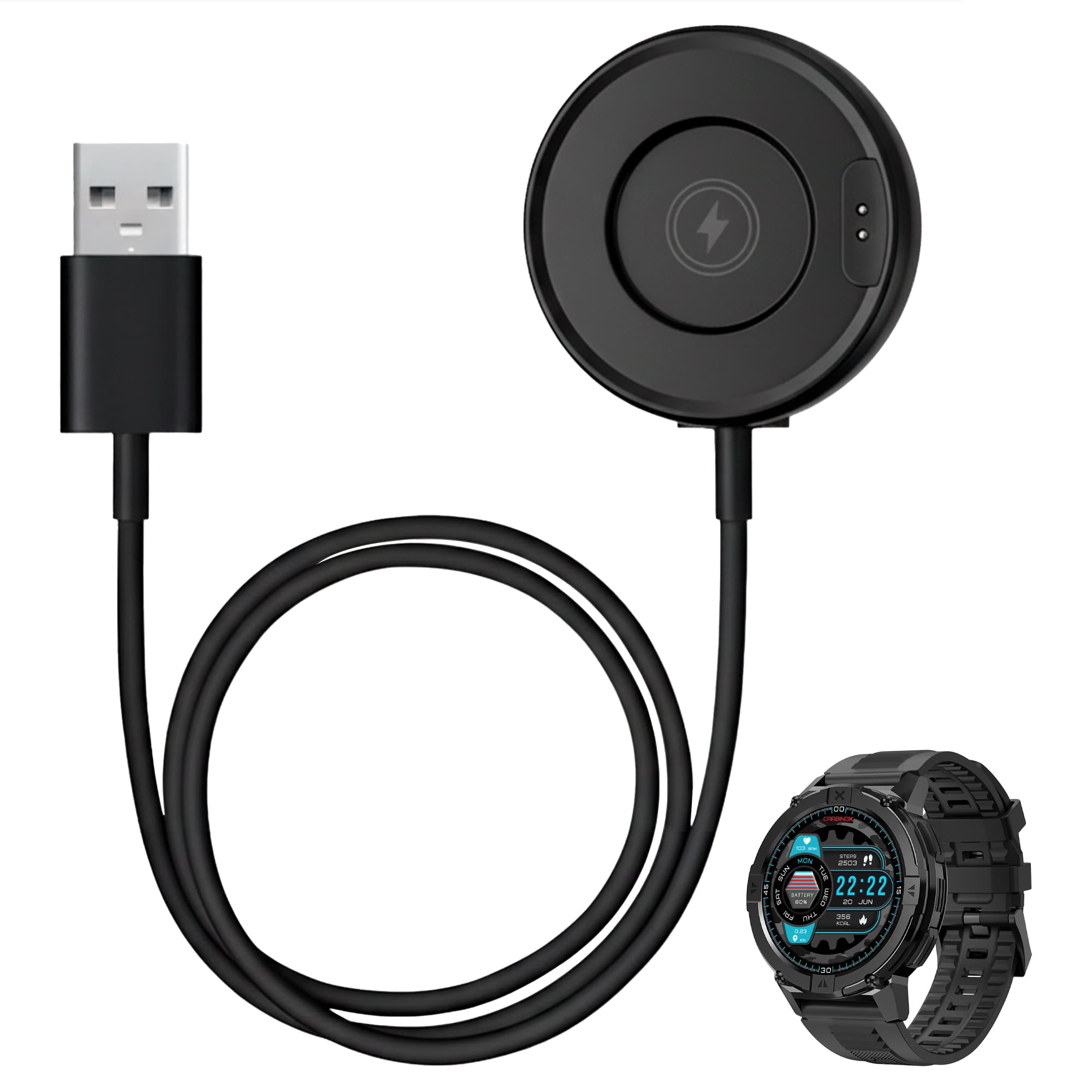 USB Charger for Carbinox Smartwatch – Fast Charging, Sleek Design, Reliable Performance - Black
