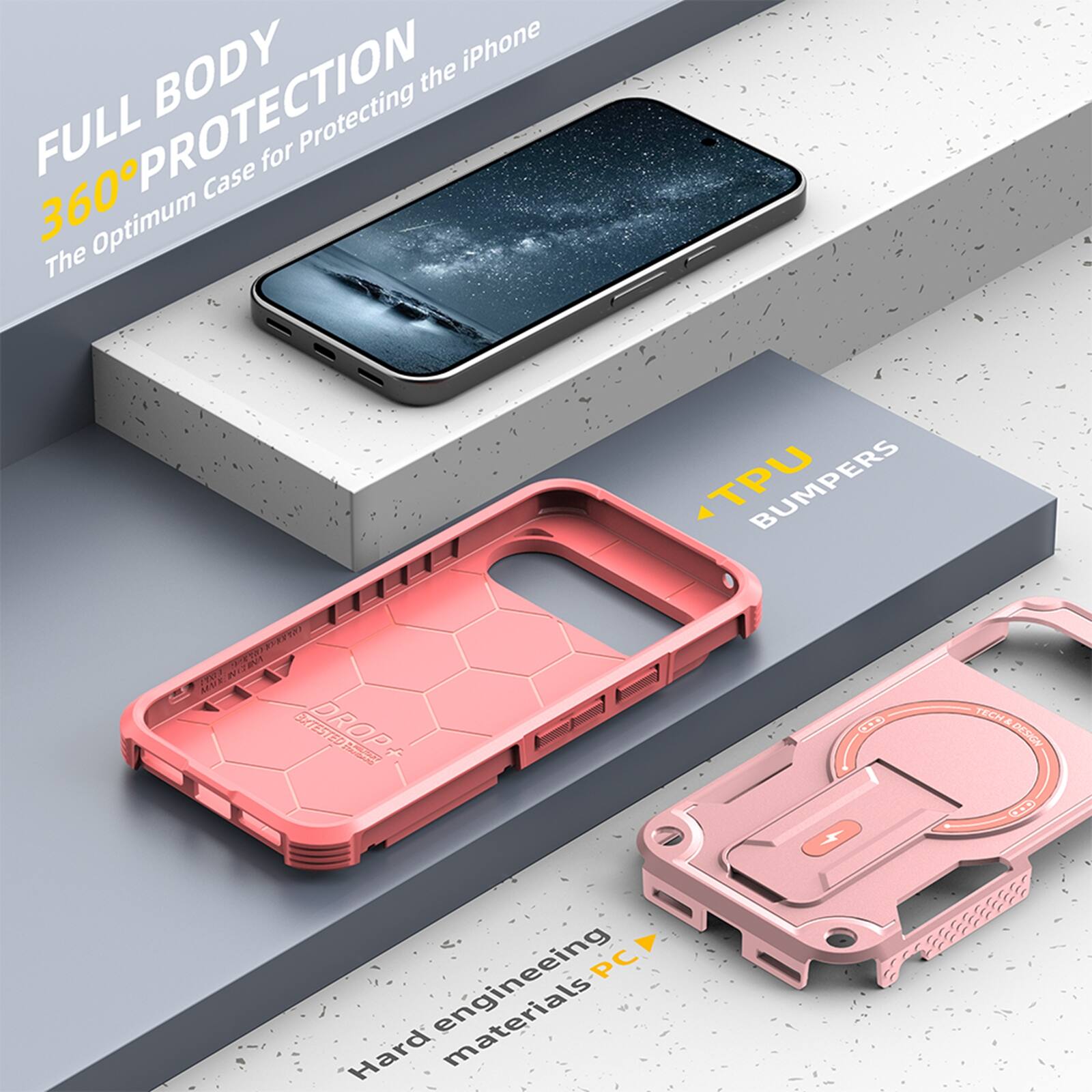 FULL BODY 360° PROTECTION  
The Optimum Case for Protecting the iPhone  

TPU BUMPERS  

Hard engineering materials PC  

DROP TESTED  

ENGINEERING DESIGN E0 202662228