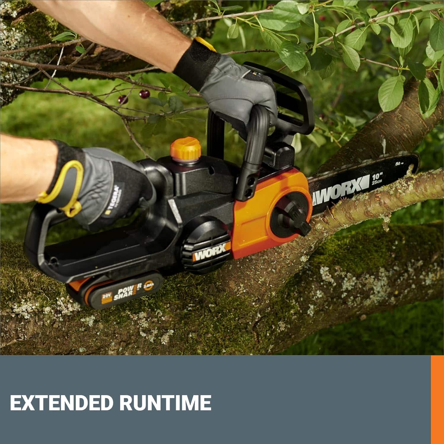 The text on the image reads: "WORX WORX WORX 20V SHARP EXTENDED RUNTIME 10" 25cm TEGERA B."