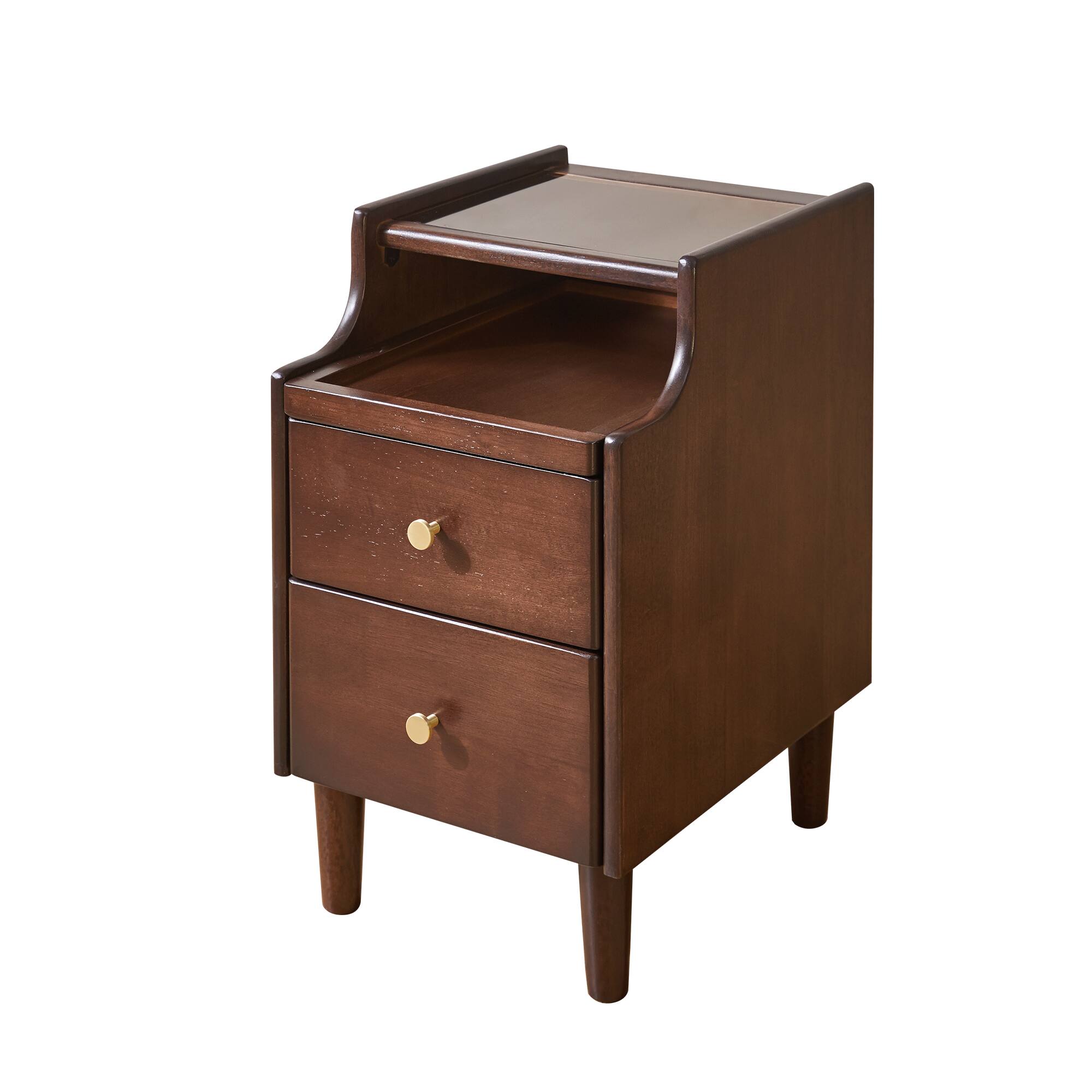 Back. Whisen - Solid Wood Nightstand with 2-Drawer Storage,Bedside Table with Pull-out Panel and Open Shelf - Walnut.
