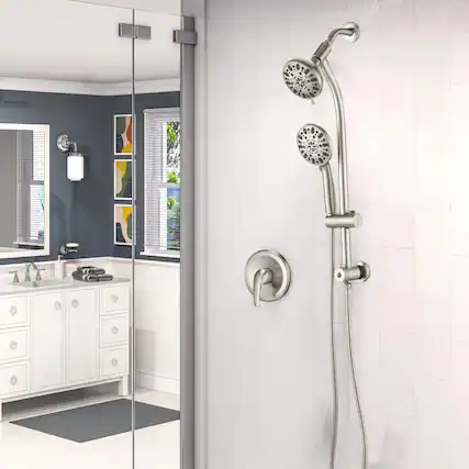 Front. Akoasm - 7-Spray Dual Shower System Kit: Adjustable Rainfall & Handheld with Pause & 48 Settings, Complete Set-Brushed Nickel - Brushed Nickel.