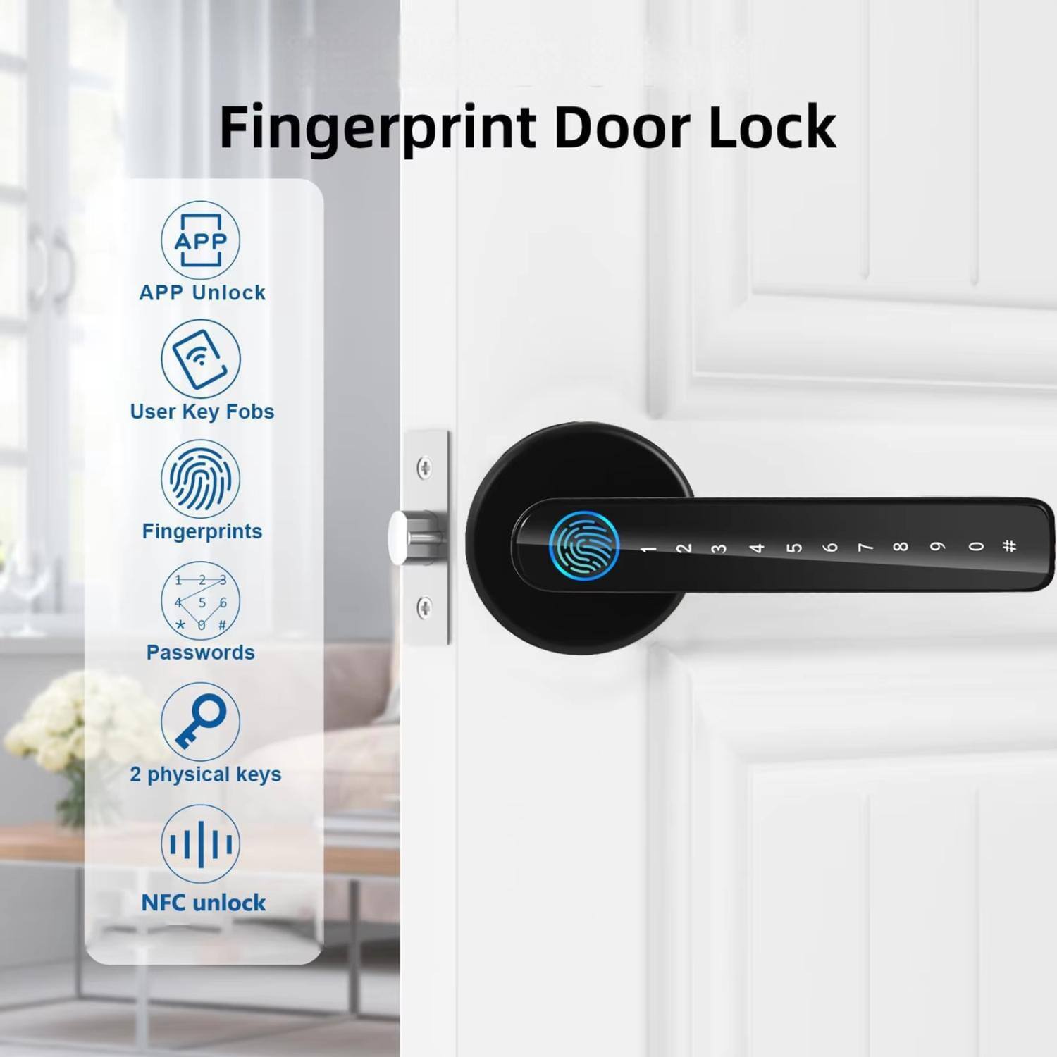 Fingerprint Door Lock

- APP Unlock
- User Key Fobs
- Fingerprints
- Passwords
- 2 physical keys
- NFC unlock
