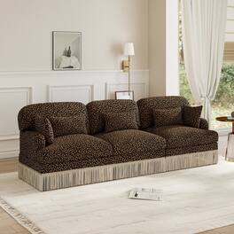 Anysun - 100" Chenille Leopard Print 3-Seater Sofa with Tassel Edge, Modular Sectional Couch, Ergonomic Deep Seat for Living Room - Brown