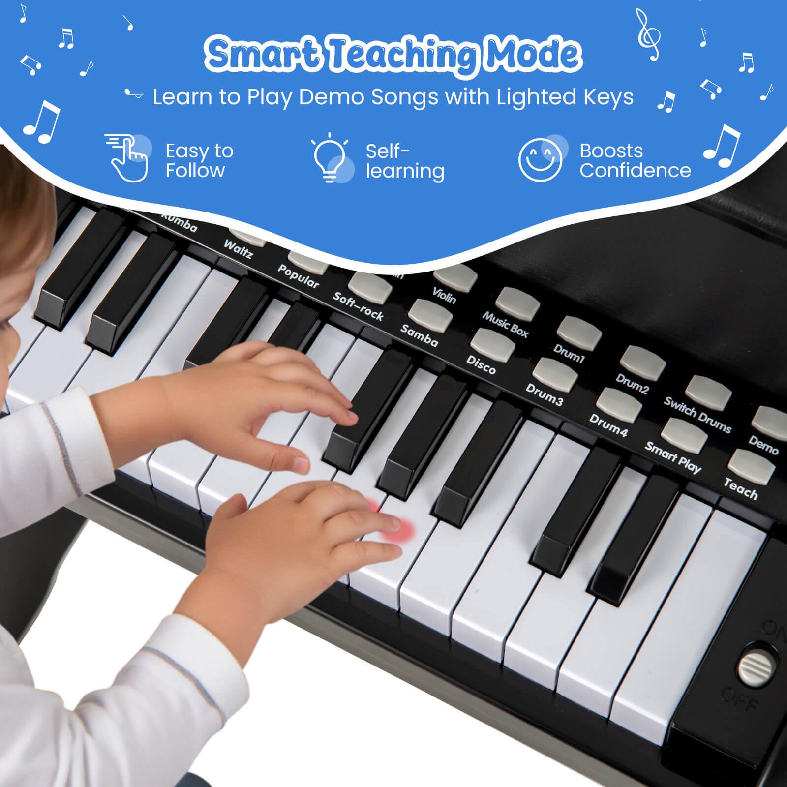 Smart Teaching Mode

Learn to Play Demo Songs with Lighted Keys

- Easy to Follow
- Self-learning
- Boosts Confidence

Genres:
- Samba
- Waltz
- Popular
- Soft-rock
- Violin
- Music Box
- Disco

Drums:
- Drum1
- Drum2
- Drum3
- Drum4

Controls:
- Switch Drums
- Smart Play
- Demo
- Teach

ON/OFF