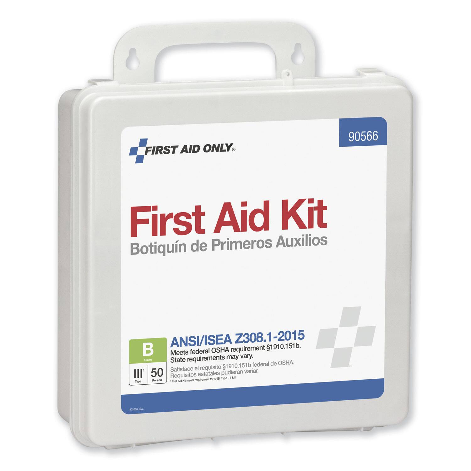 FIRST AID ONLY.  
90566 First Aid Kit  
Botiquín de Primeros Auxilios  

ANSI/ISEA Z308.1-2015  
Meets federal OSHA requirement $1910.151b.  
State requirements may vary.  
Satisface el requisito 51910.151b federal de OSHA.  
Requisitos estatales pudieran variar.