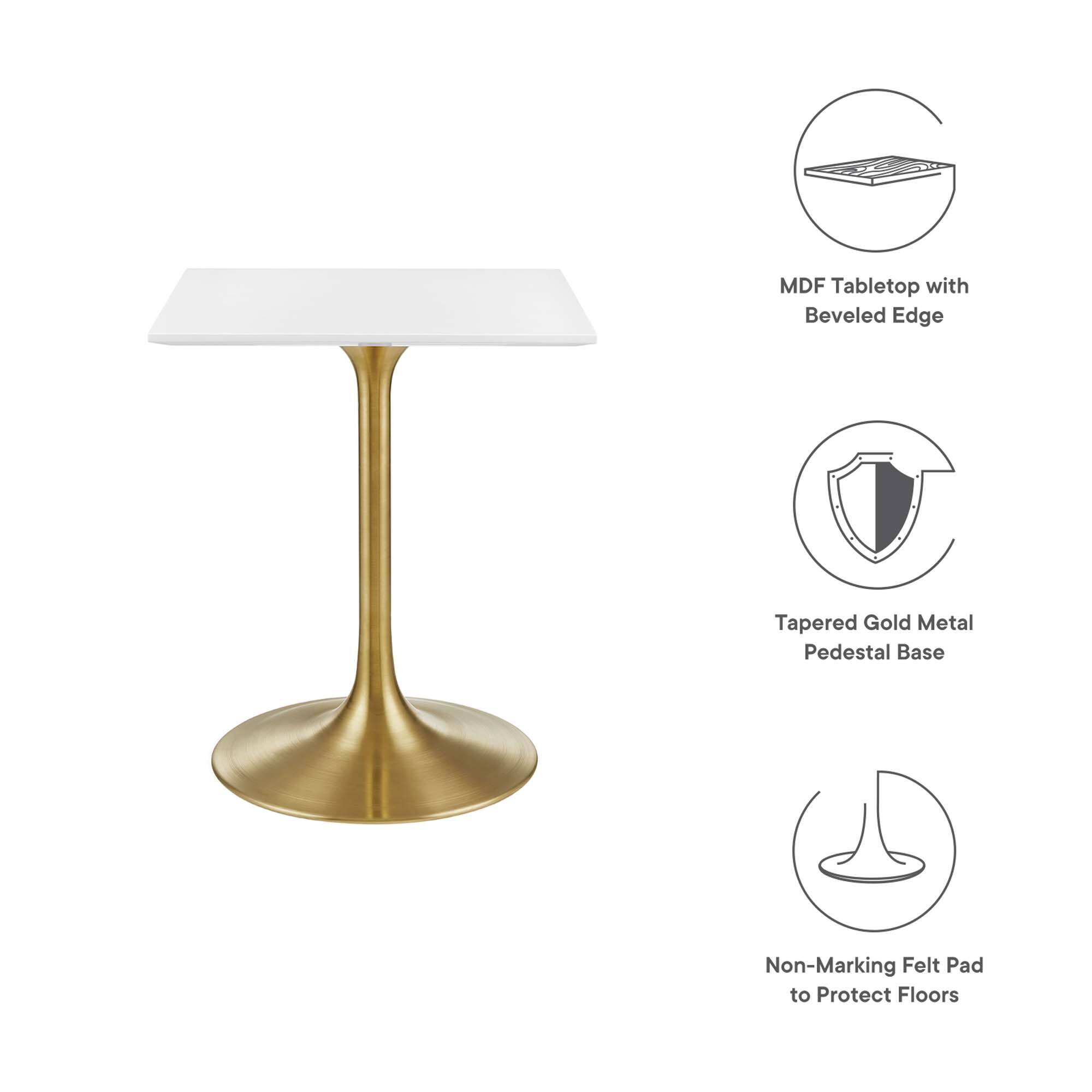 MDF Tabletop with Beveled Edge  
Tapered Gold Metal Pedestal Base  
Non-Marking Felt Pad to Protect Floors
