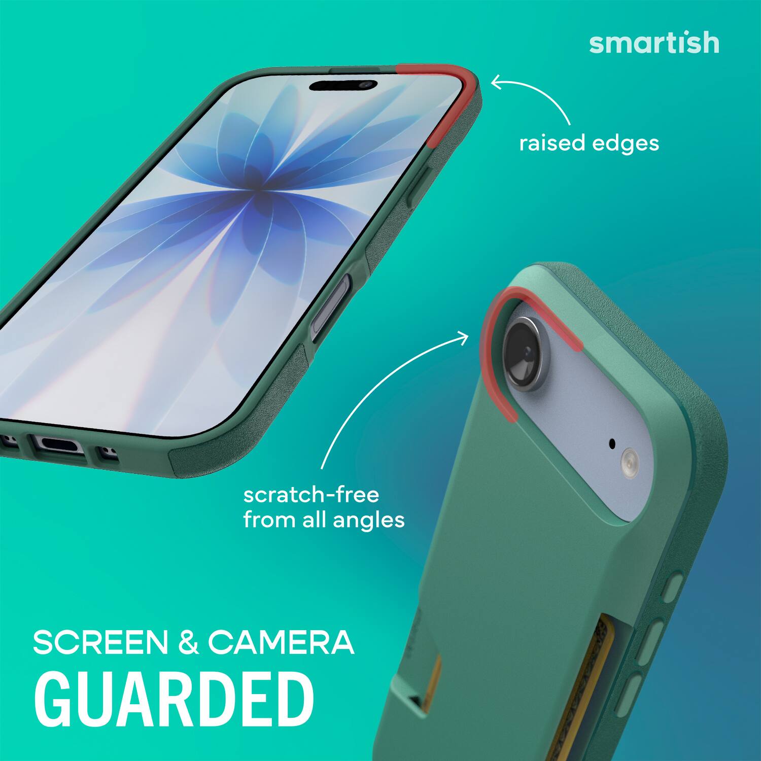 smartish  
raised edges  
scratch-free from all angles  
SCREEN & CAMERA GUARDED