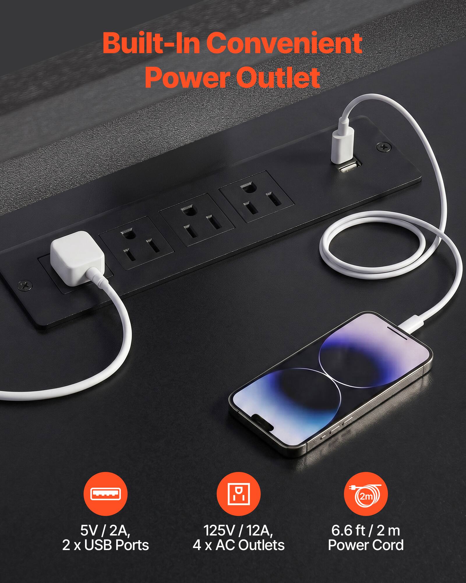 Built-In Convenient Power Outlet

- 2m 5V 5V/2A
- 2 X USB Ports
- 125V 125V/12A
- 4 X AC Outlets
- 6.6 ft / 2 m Power Cord