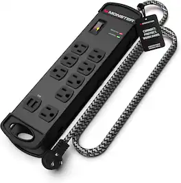 Monster - Pro MI Power Strip Surge 8 Outlet, 2 USB - 15 ft cord - Black