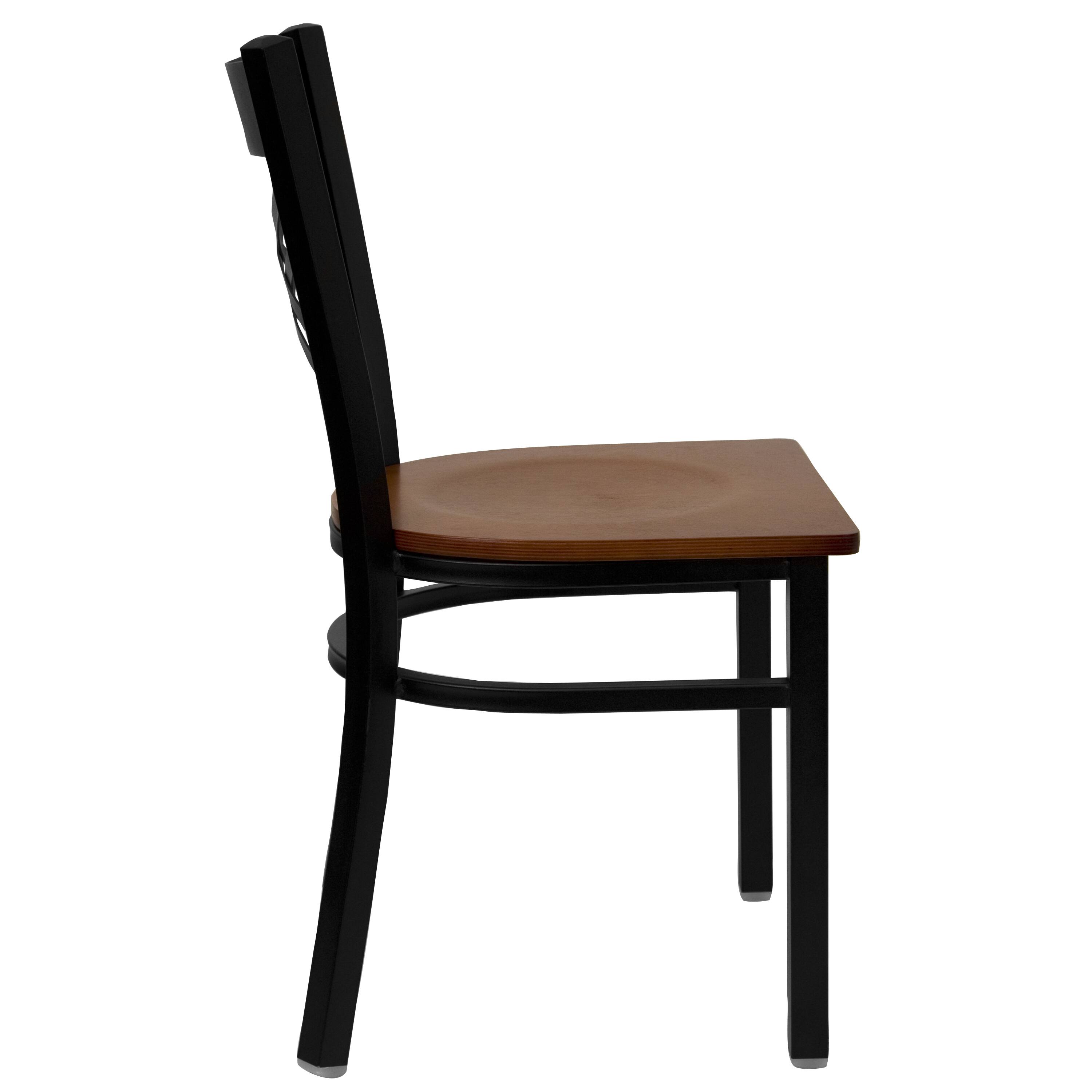 Alt View 4. Emma + Oliver - "X" Back Metal Restaurant Dining Chair - Cherry Wood Seat/Black Metal Frame.