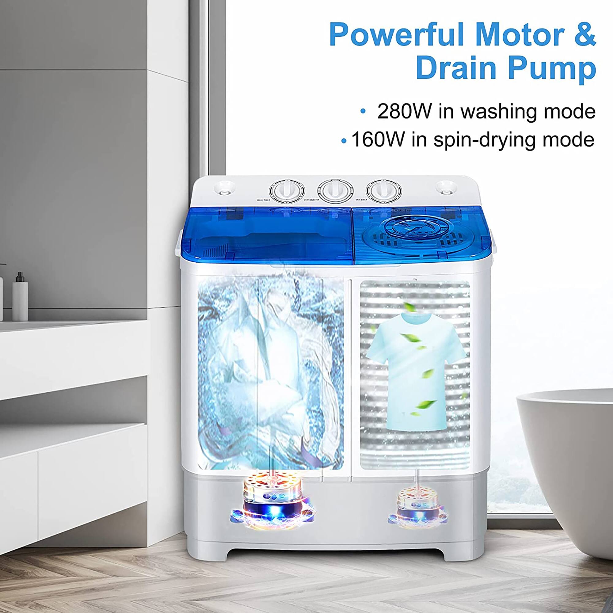 The image features a large appliance with a blue and white design, which is a washing machine and dryer combo. The appliance has a powerful motor and drain pump, with a 280W capacity in the washing mode and a 160W capacity in the spin-drying mode. The appliance is designed to be energy-efficient and convenient for use in a home.