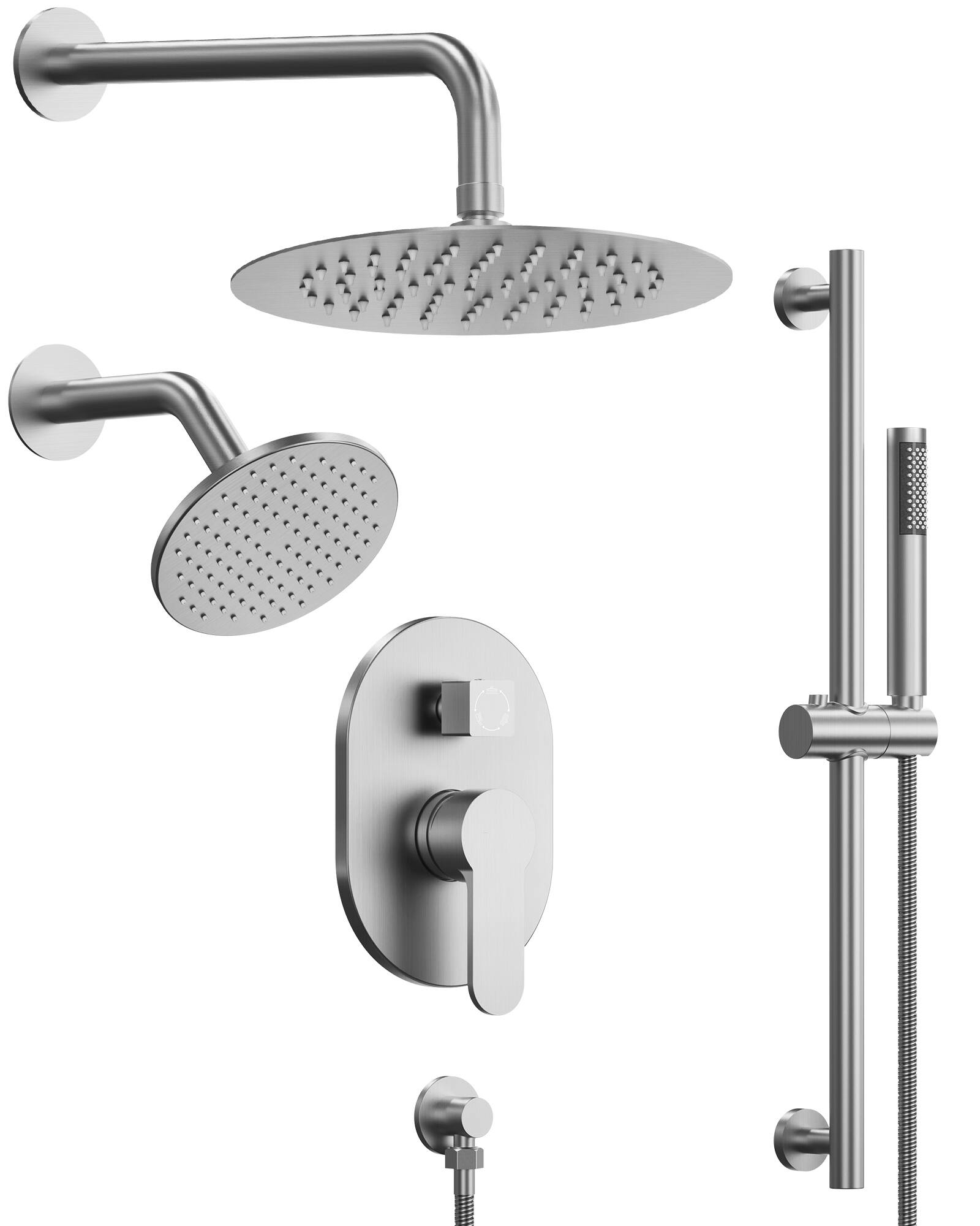 Front. GRANDJOY - Wall Mounted Shower System Set with 10" Rainfall Shower Head, Handheld Shower and Adjustable Slide Bar - Brushed Nickel.
