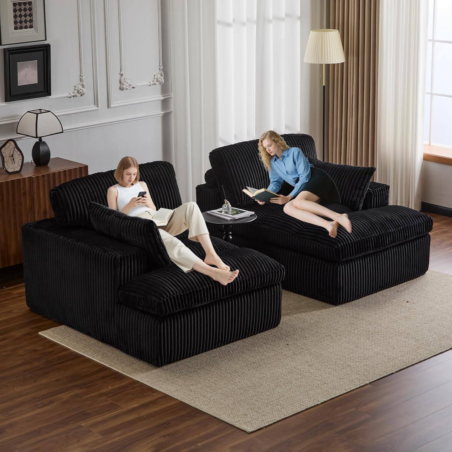 Alt View 3. Trinkets Crazed - Modular Loveseat Double Chaise Lounge Sofa Corduroy Sectional Sofa Boneless Couch - black.