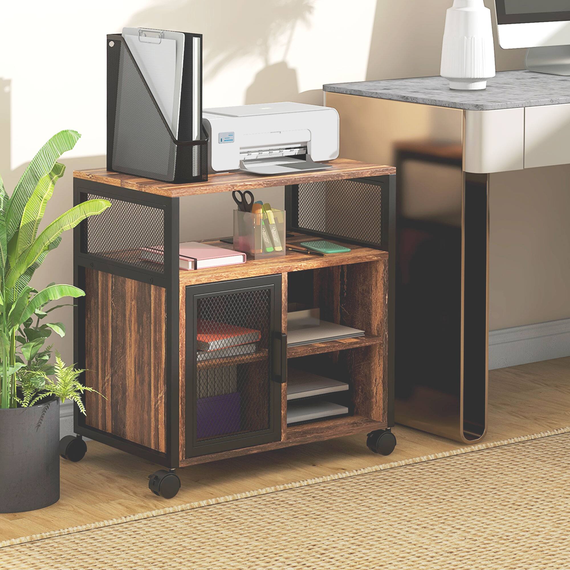 Alt View 1. Vinsetto - Stand with Socket and USB Charging Ports, Industrial Mobile Printer Table with Storage and Wheels - Rustic brown.