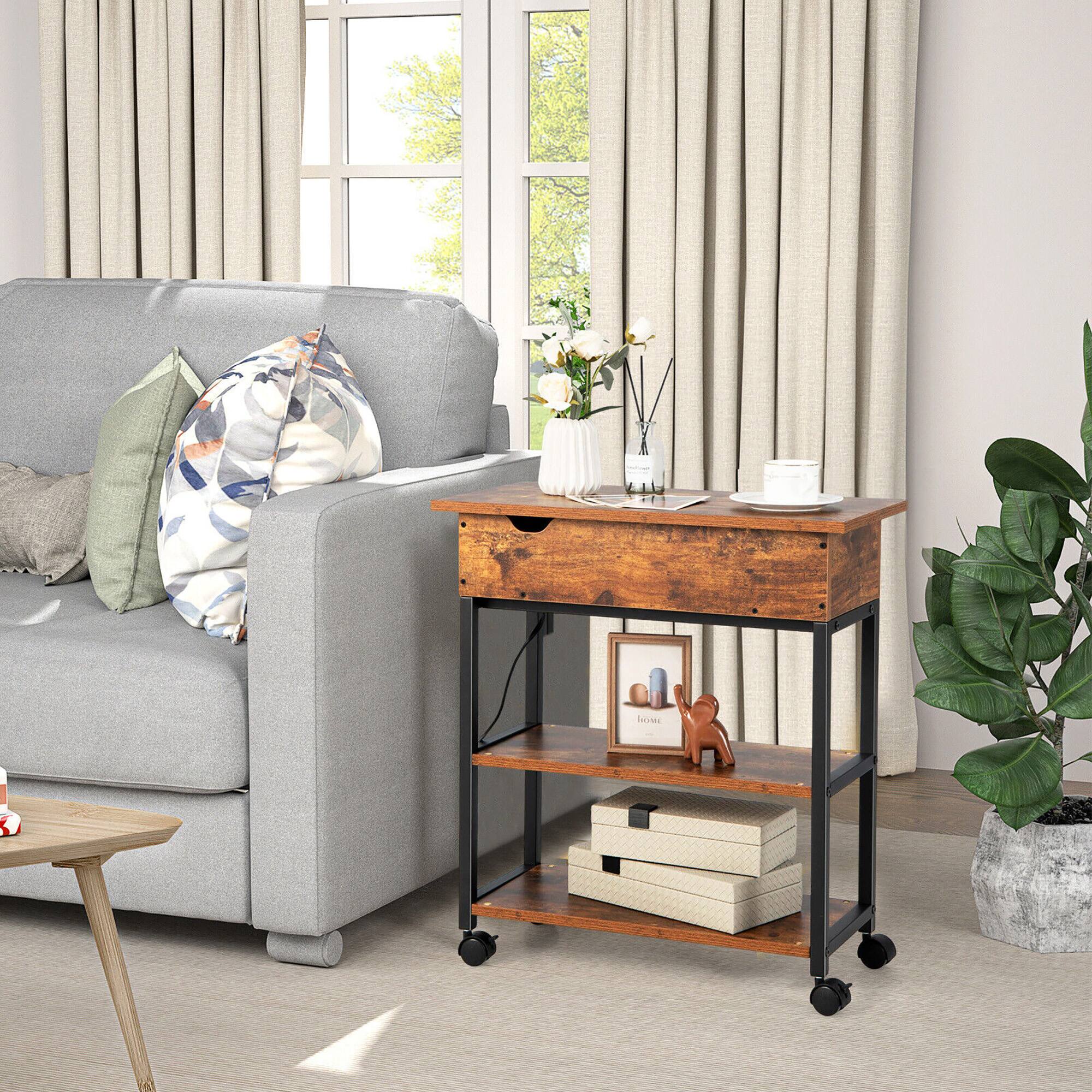 Alt View 3. Gymax - Gymax Rolling 2PCS Lift Top End Table w/ Charging Station Narrow Sofa Side Table - Brown.