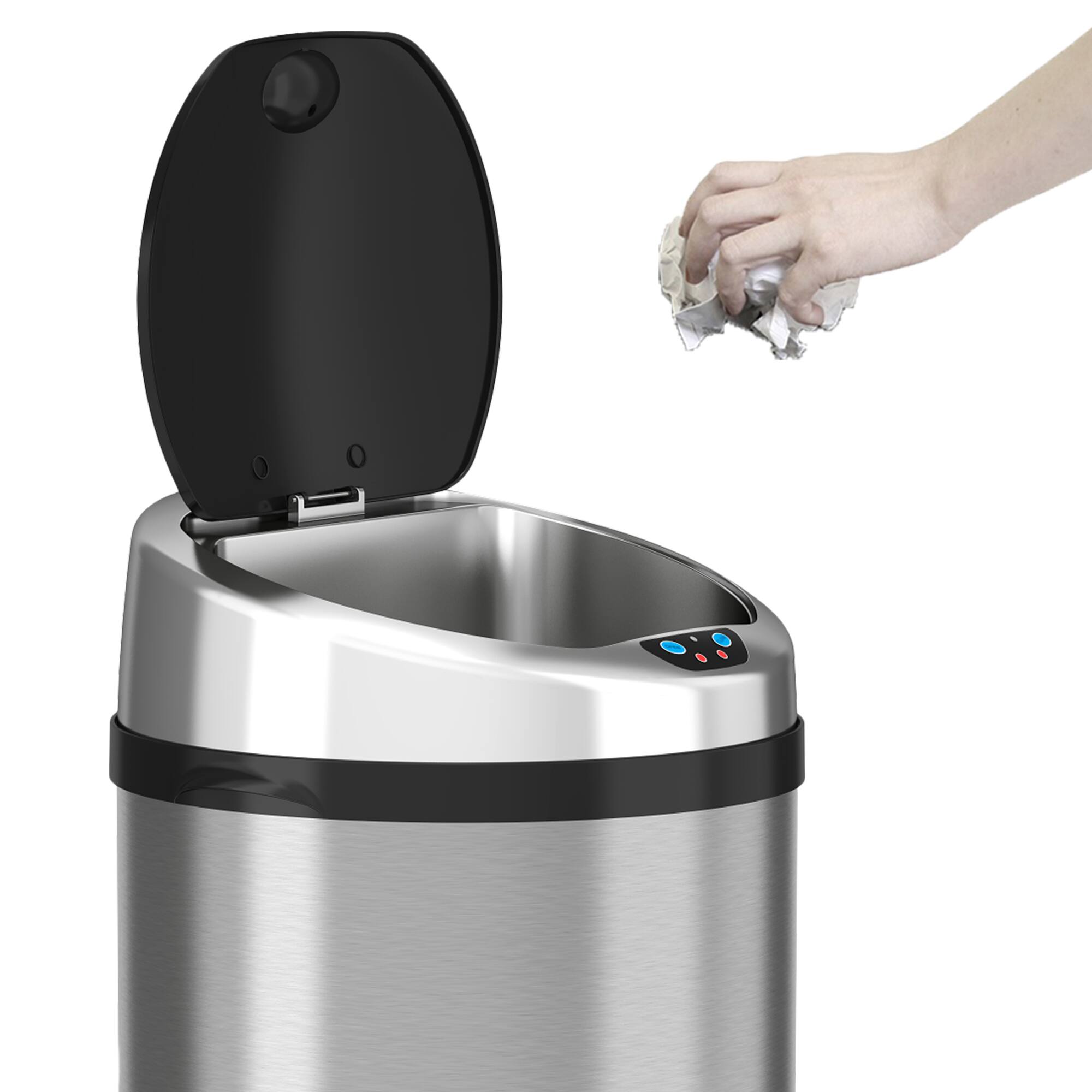 Left. iTouchless - NX 8-Gal. Touchless Round Trash Can - Stainless Steel.