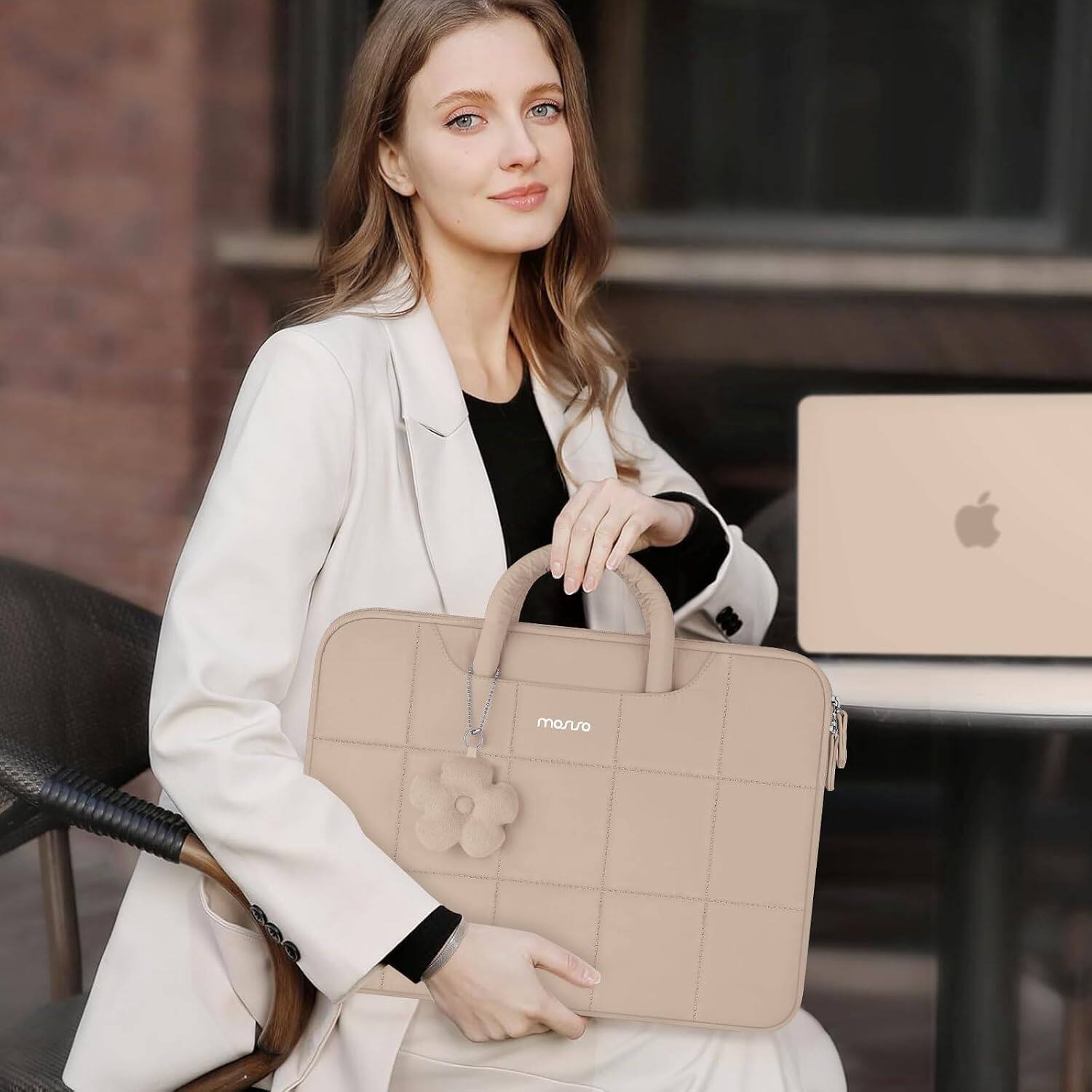 Alt View 2. mosiso - Laptop Case 13-13.3 inch Puffy Laptop Sleeve with Handle for MacBook Air Pro Neo 13 14 HP Dell ASUS Lenovo - Brown.