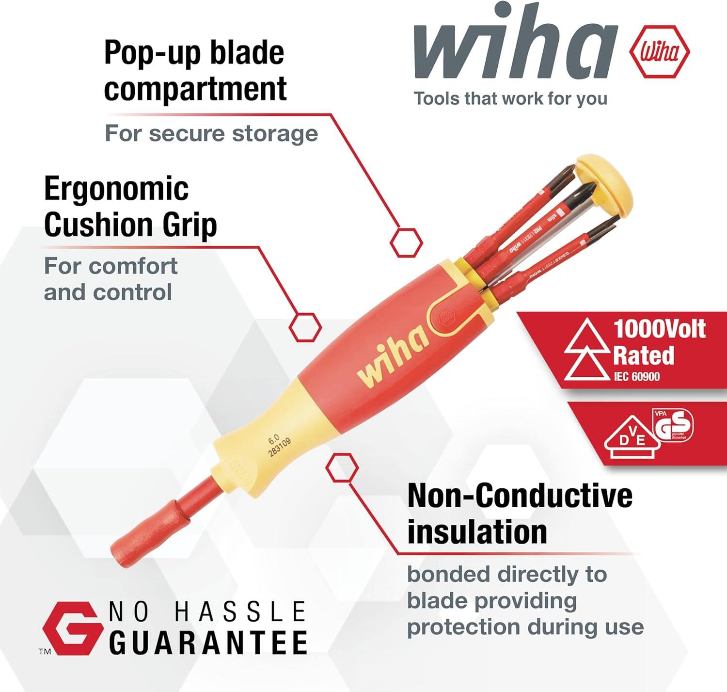 Pop-up blade compartment  
For secure storage  
Ergonomic Cushion Grip  
For comfort and control  
1000Volt Rated IEC 60900  
Non-Conductive insulation bonded directly to blade providing protection during use  
NO HASSLE GUARANTEE