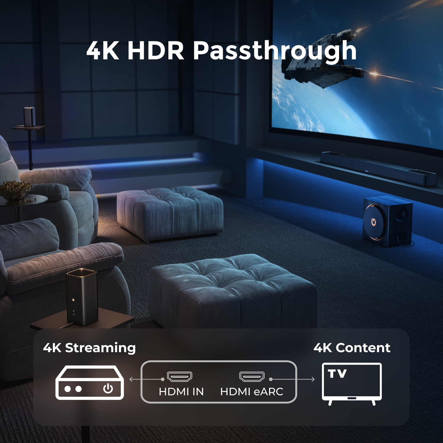 4K HDR Passthrough

4K Streaming  
HDMI IN  
HDMI eARC

4K Content  
TV