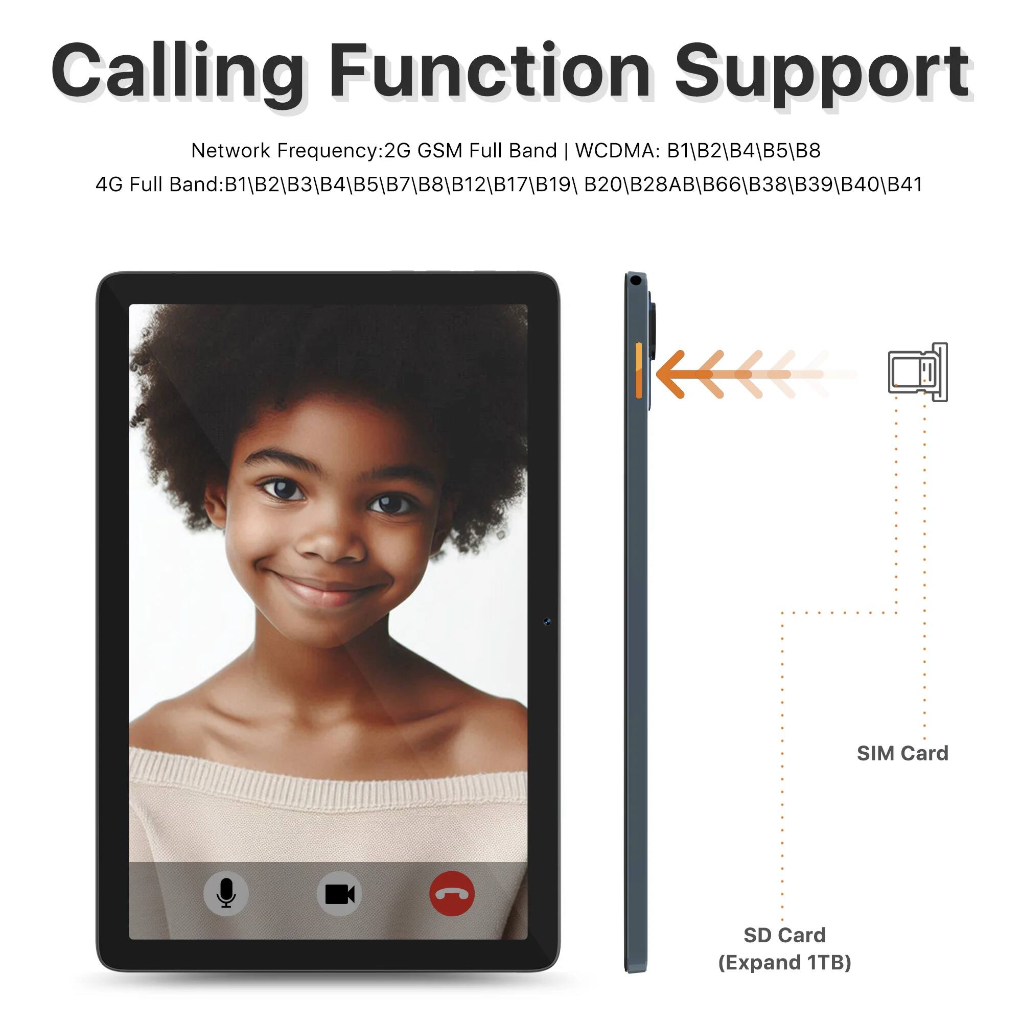 Calling Function Support  
Network Frequency: 2G GSM Full Band | WCDMA: B1\B2\B4\B5\B8  
4G Full Band: B1\B2\B3\B4\B5\B7\B8\B12\B17\B19\B20\B28AB\B66\B38\B39\B40\B41  
SIM Card SD Card (Expand 1TB)