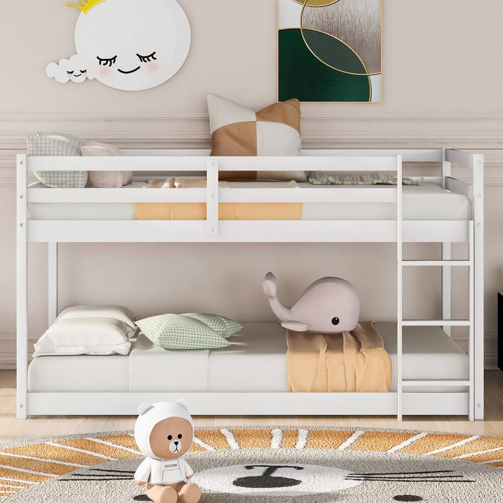 Angle. Loheer - Loheer Twin Over Twin Floor Bunk Bed White Solid Wood Kids Low Bunk Bed with Ladder - White.