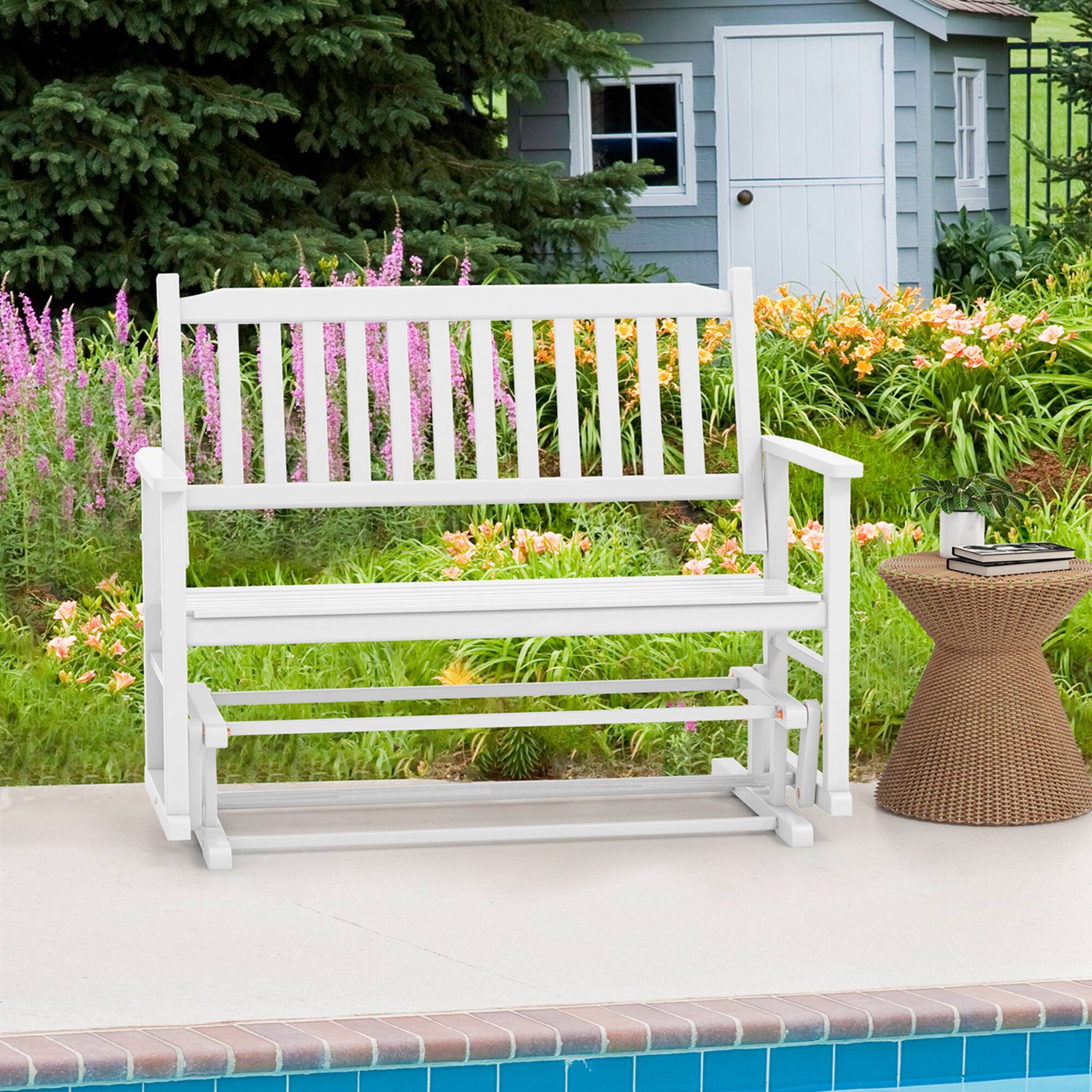 Alt View 3. Costway - Patio Glider Loveseat Chair Swing Rocking Bench with Slatted Seat & Curved Backrest - White.