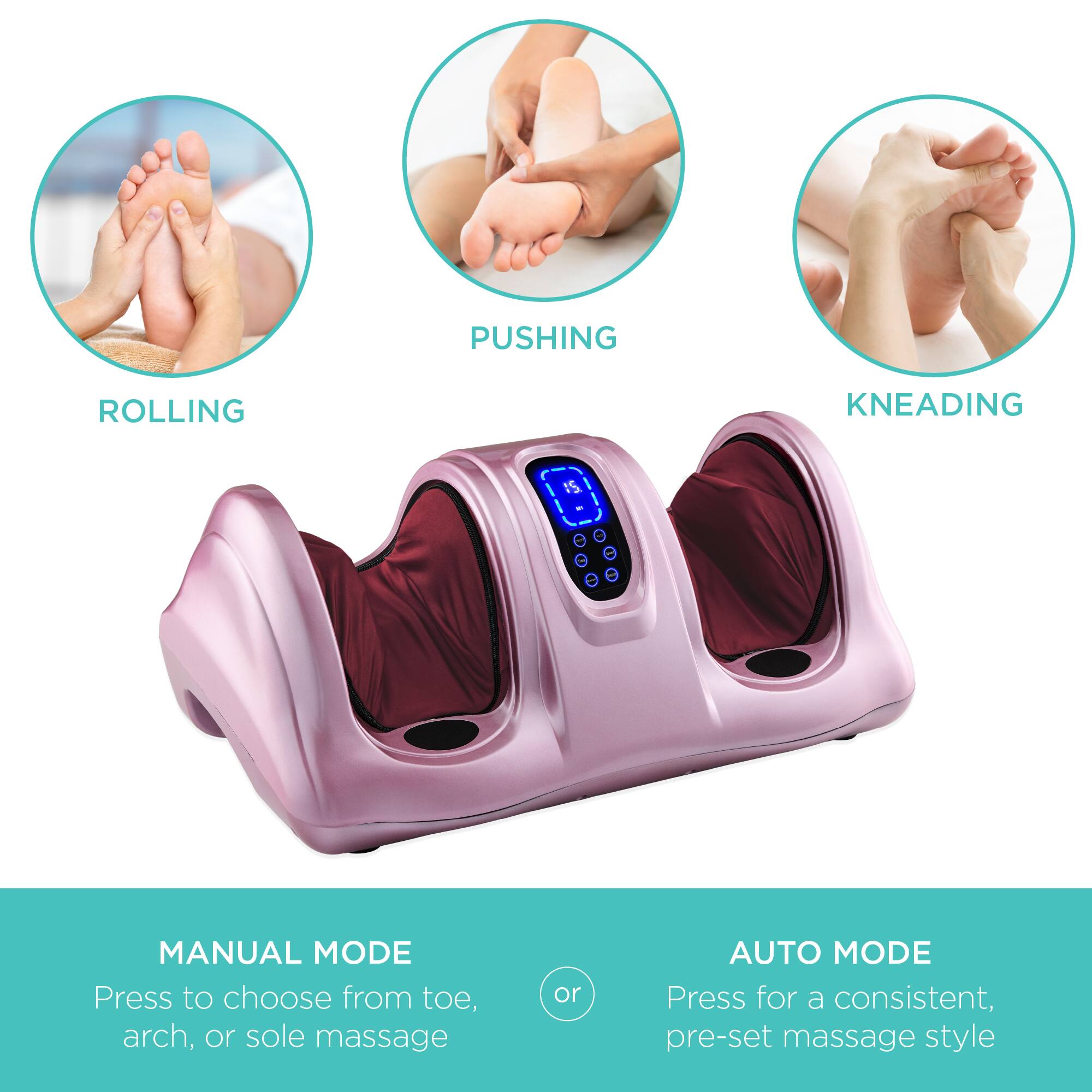 The text on the image can be grouped and corrected as follows:

**Manual Mode:**
- Press to choose from toe, arch, or sole massage.

**Auto Mode:**
- Press for a consistent, pre-set massage style.

**Massage Techniques:**
- Rolling
- Pushing
- Kneading