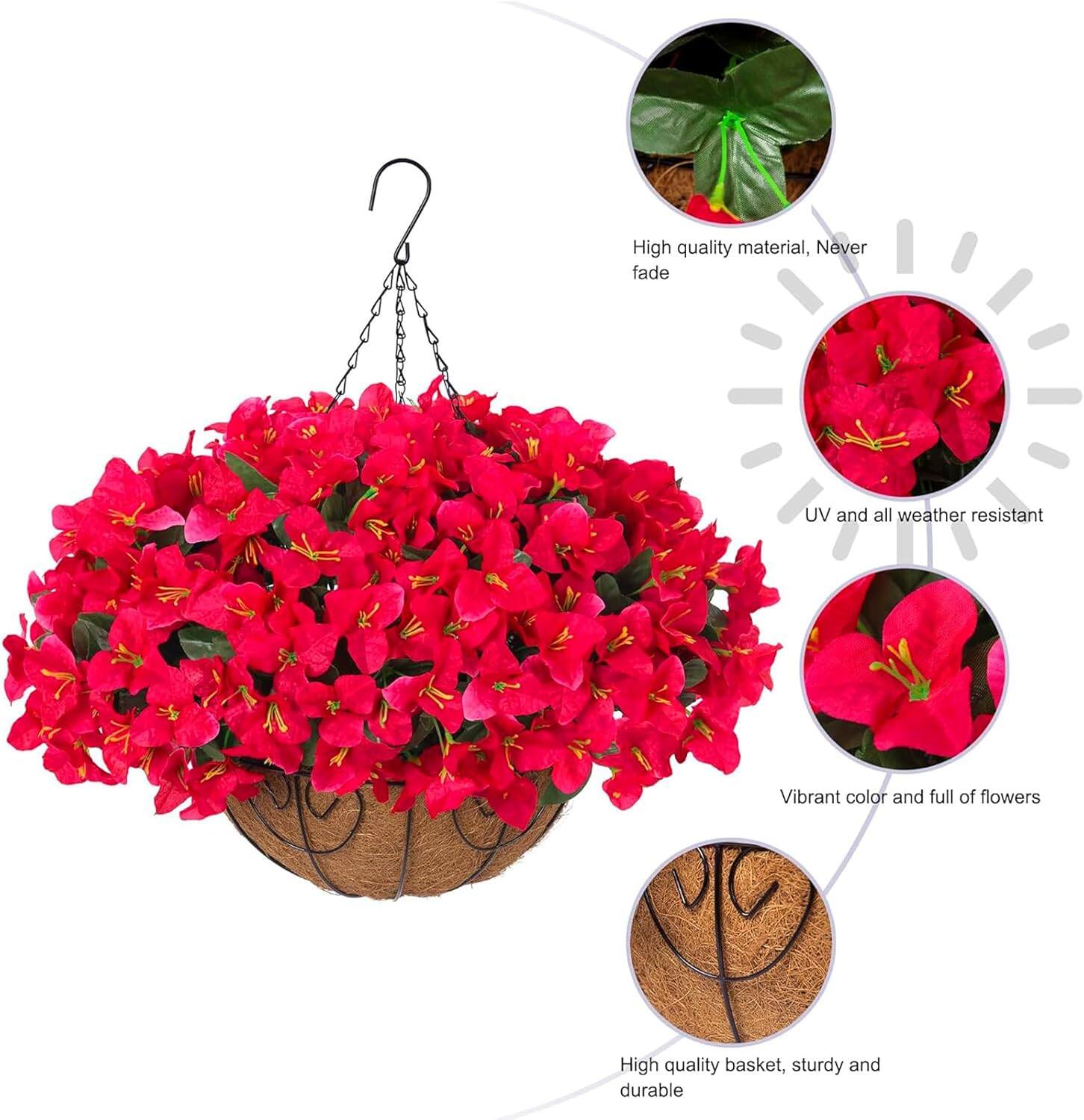 High quality material, Never fade  
UV and all weather resistant  
Vibrant color and full of flowers  
High quality basket, sturdy and durable