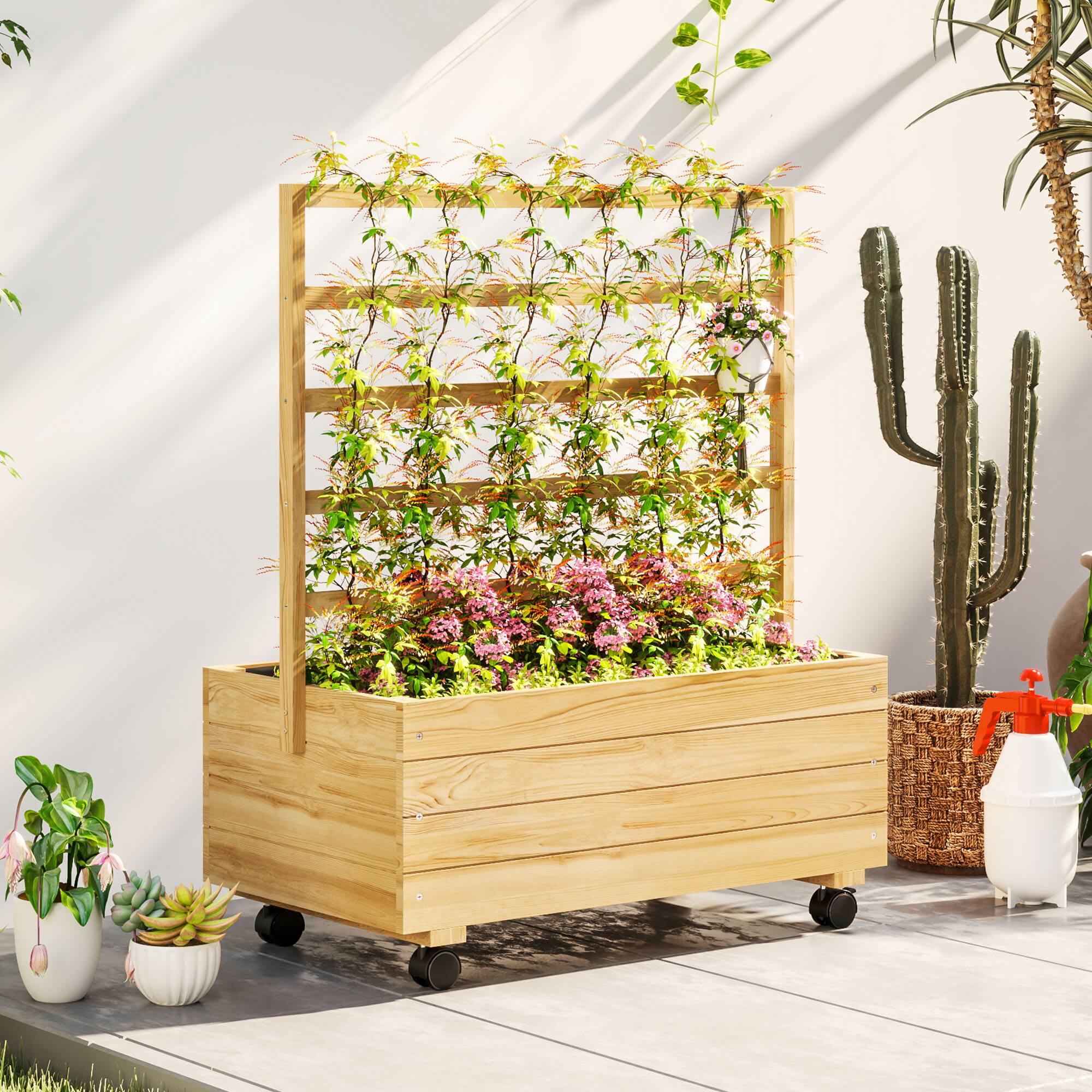 Alt View 7. Outsunny - Raised Garden Bed with Trellis and Wheels, Outdoor Wooden Elevated Planter Box, Freestanding Raised Flower Bed - Natural Wood.