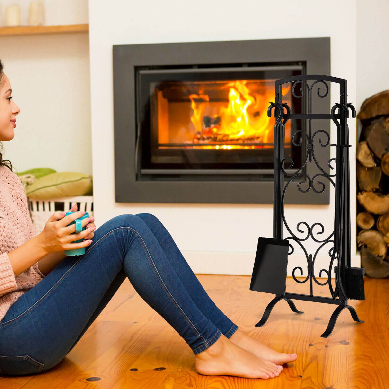 Alt View 1. Ecooso - 5-Piece Heavy Duty Fireplace Tool Set with Ergonomic Handle - Black.