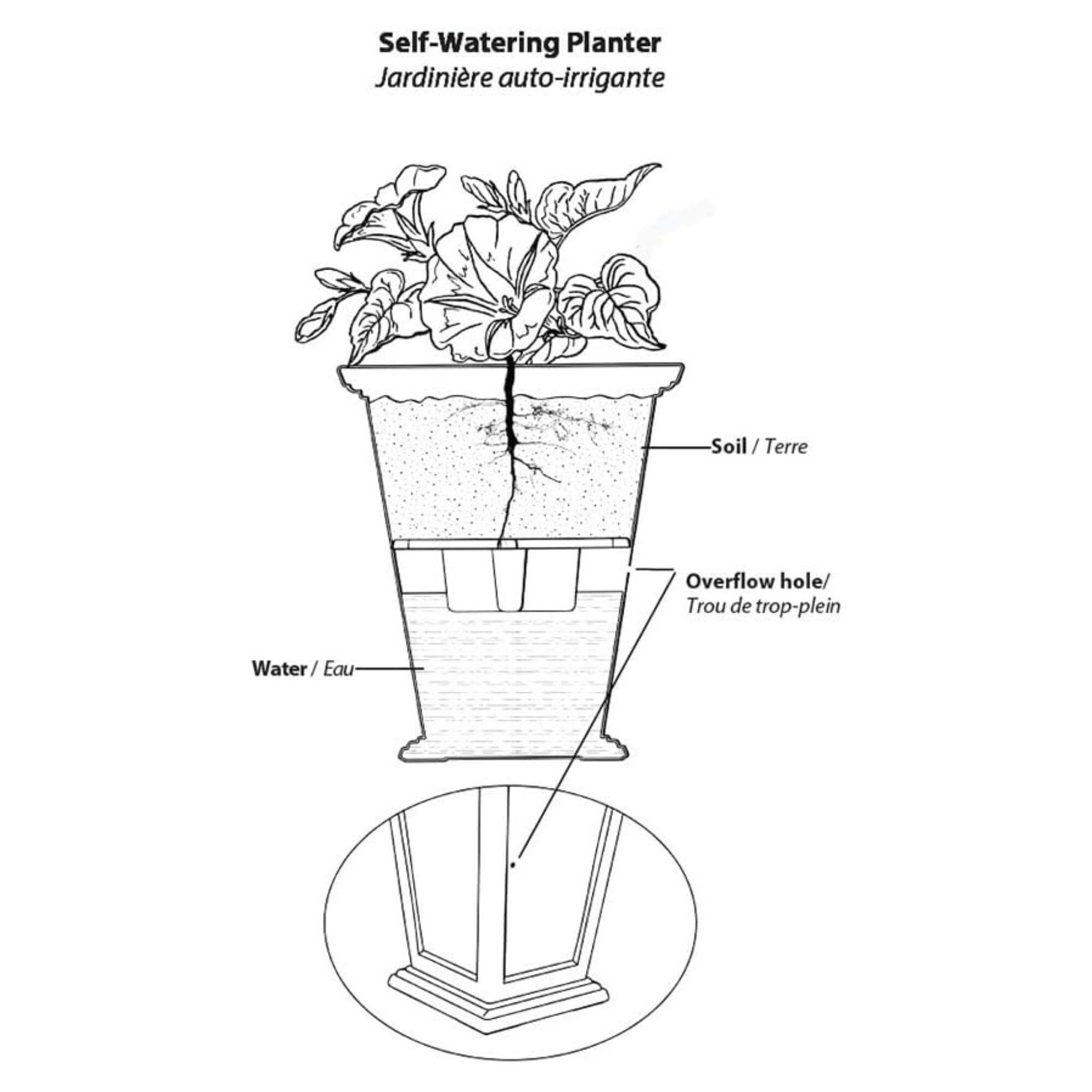 Self-Watering Planter  
Jardinière auto-irrigante  

Soil / Terre  
Water / Eau  
Overflow hole / Trou de trop-plein