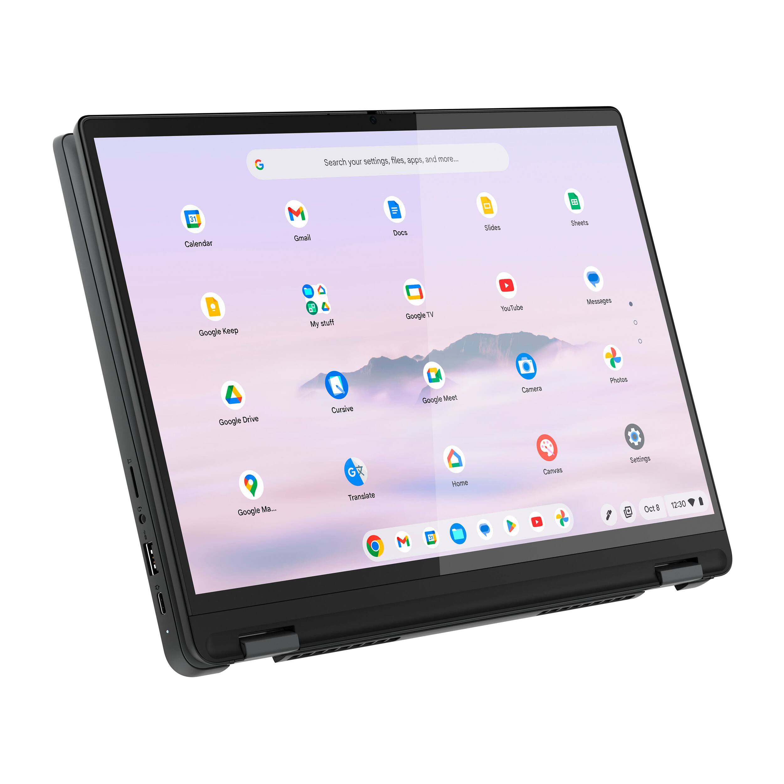 Sure, here is the corrected and grouped text from the image:

---

**Search your settings, files, apps, and more...**

- Calendar
- Gmail
- Docs
- Slides
- Sheets
- Google Keep
- My stuff
- Google TV
- YouTube
- Messages
- Google Drive
- Cursive
- Camera
- Photos
- Google Meet
- Translate
- Google Maps
- Home
- Canvas
- Settings

**Oct 8 12:30**

---