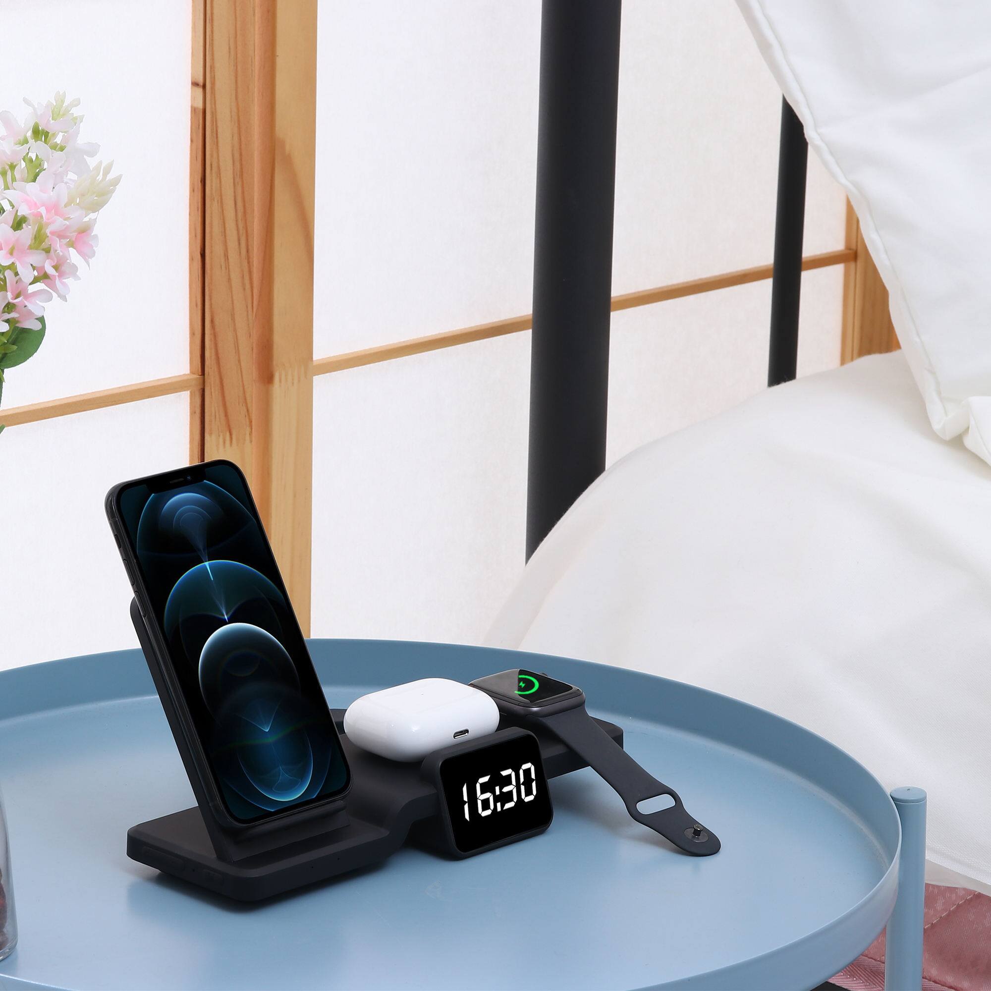 Alt View 1. Cluzine - 15W 4-in-1 Wireless Charger with Clock, Fast Charging Stand Compatible with iPhone, Apple Watch & Earbuds.