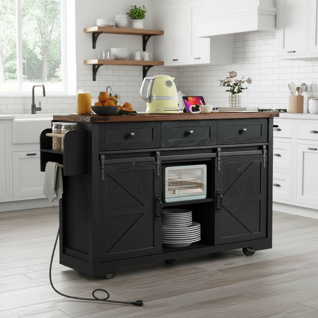 Left. Forest'nSky - 53.7" Black Farmhouse Kitchen Cart on Wheels with Power Strip, Barn Door Storage - Black.