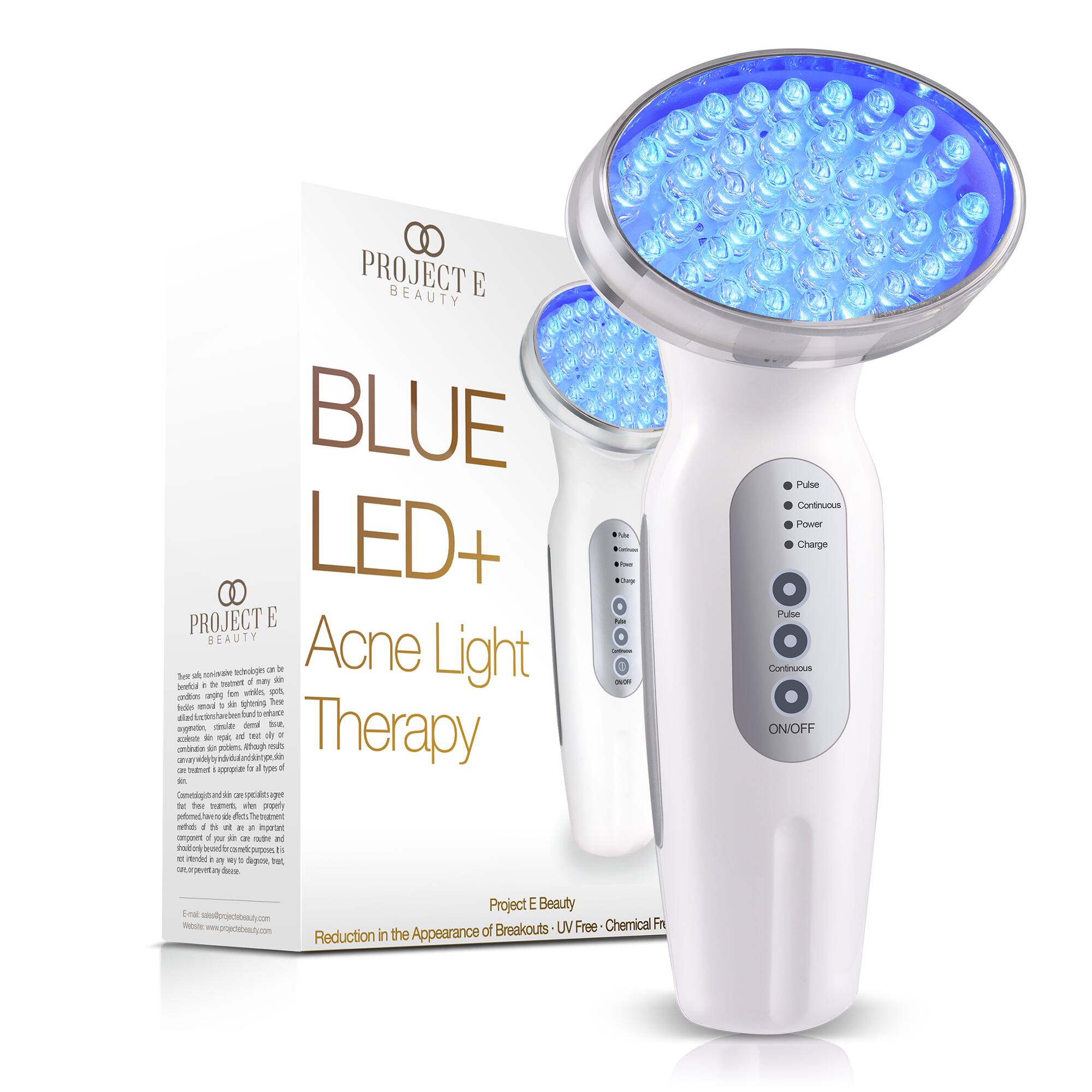 PROJECT E BEAUTY BLUE LED+ Acne Light Therapy

Reduction in the Appearance of Breakouts

Chemical Free - UV Free

Pulse Continuous Power Charge Pulse Continuous ON/OFF