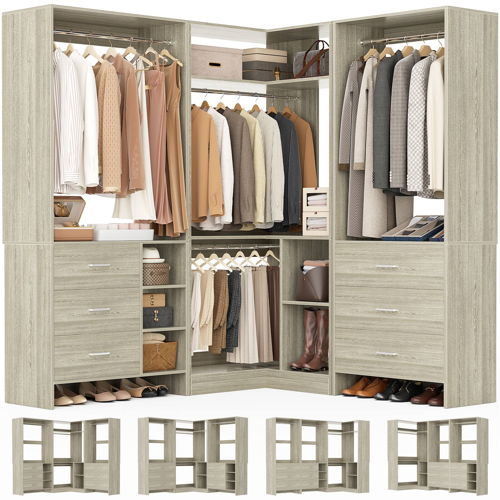 Back. Aheaplus - L Shaped Closet System with 4 Drawers, 4 Hanging Rods, and Corner Tower, 80.9'' Corner Wardrobe System, Reversible - Beige Oak.