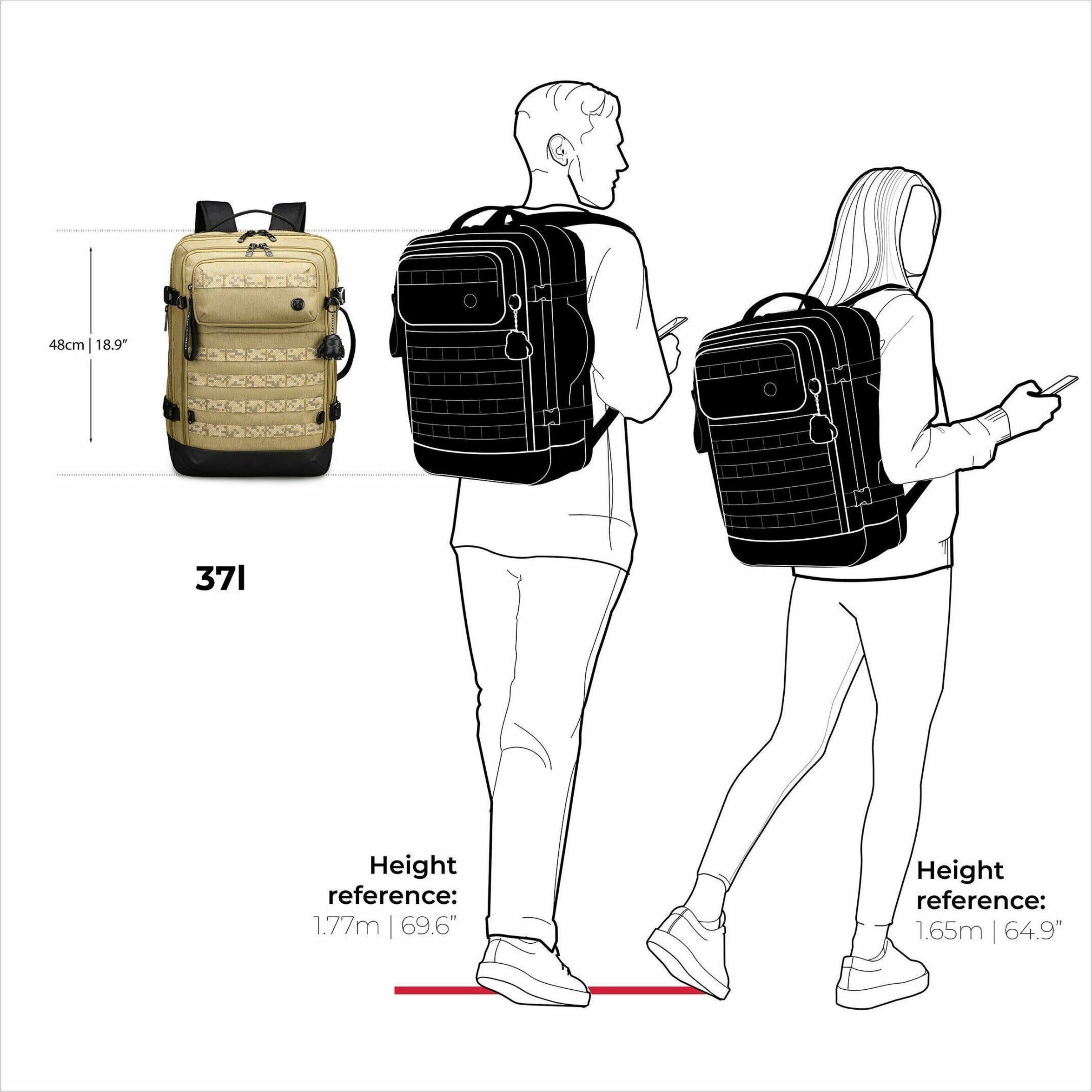 The image shows a man and a woman standing next to each other, both wearing backpacks. The man's backpack is black and gray, while the woman's backpack is black. The image also includes a height reference, with the man being 1.77 meters (69.6 inches) tall and the woman being 1.65 meters (64.9 inches) tall.